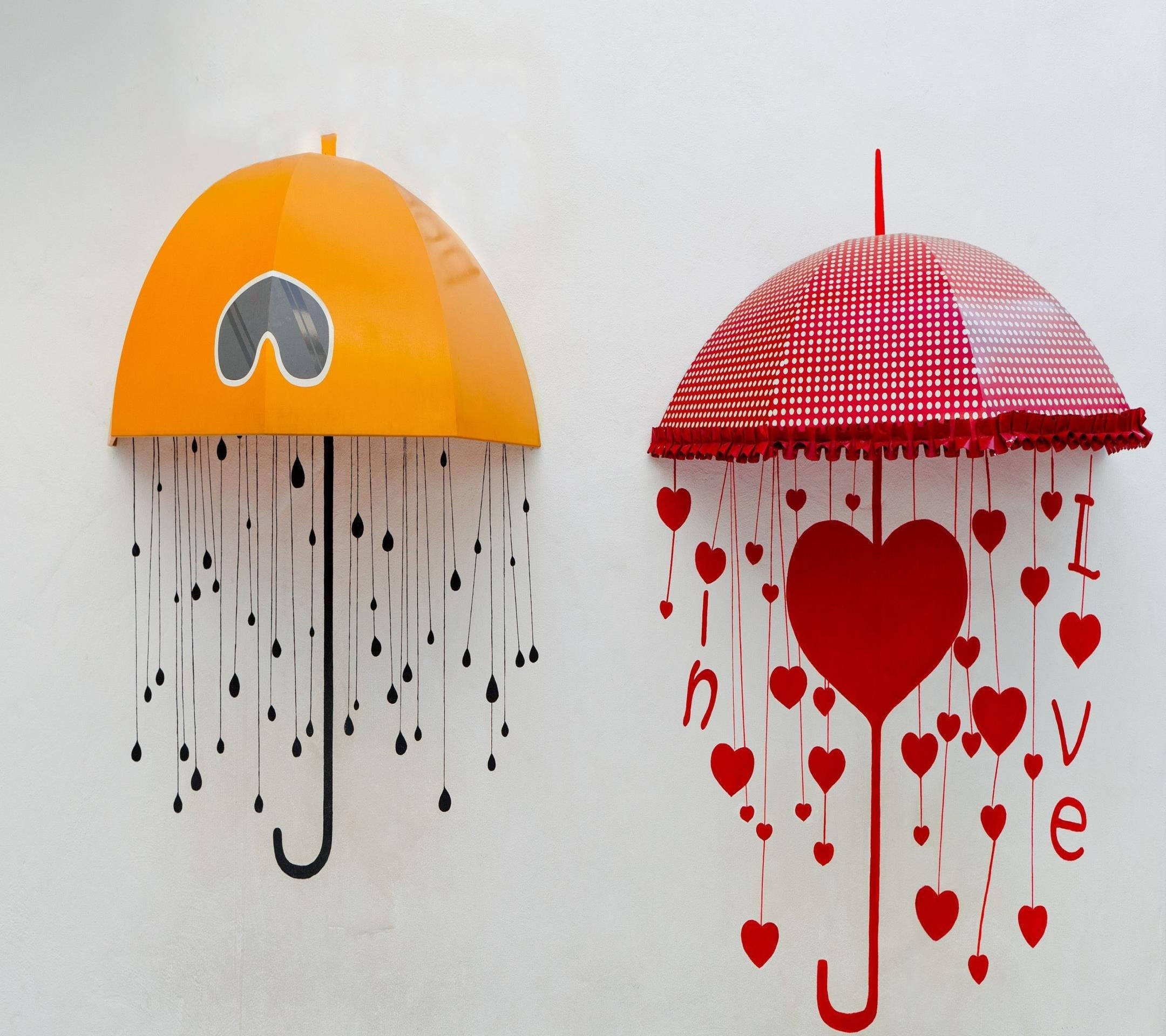 Love Drawing On Walls, orange umbrella with a heart and raindrops, red umbrella with hearts and the word love, Full HD Desktop Wallpaper