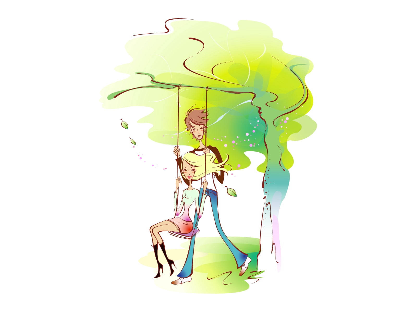 Love Drawings, couple on a date, swing, HD Desktop Wallpaper