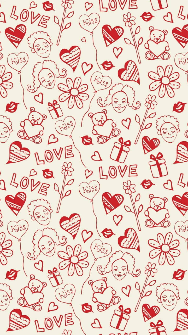 red line-drawn hearts, flowers, teddy bears, HD Phone Wallpaper