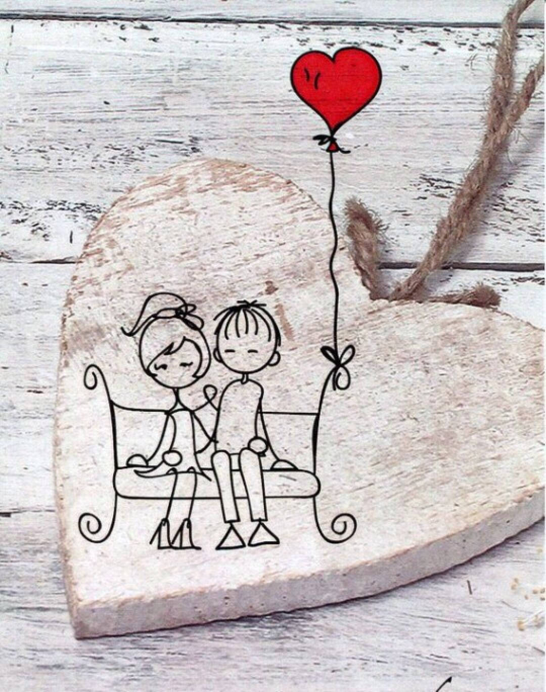 wooden heart, line drawing, two children, HD Phone Wallpaper