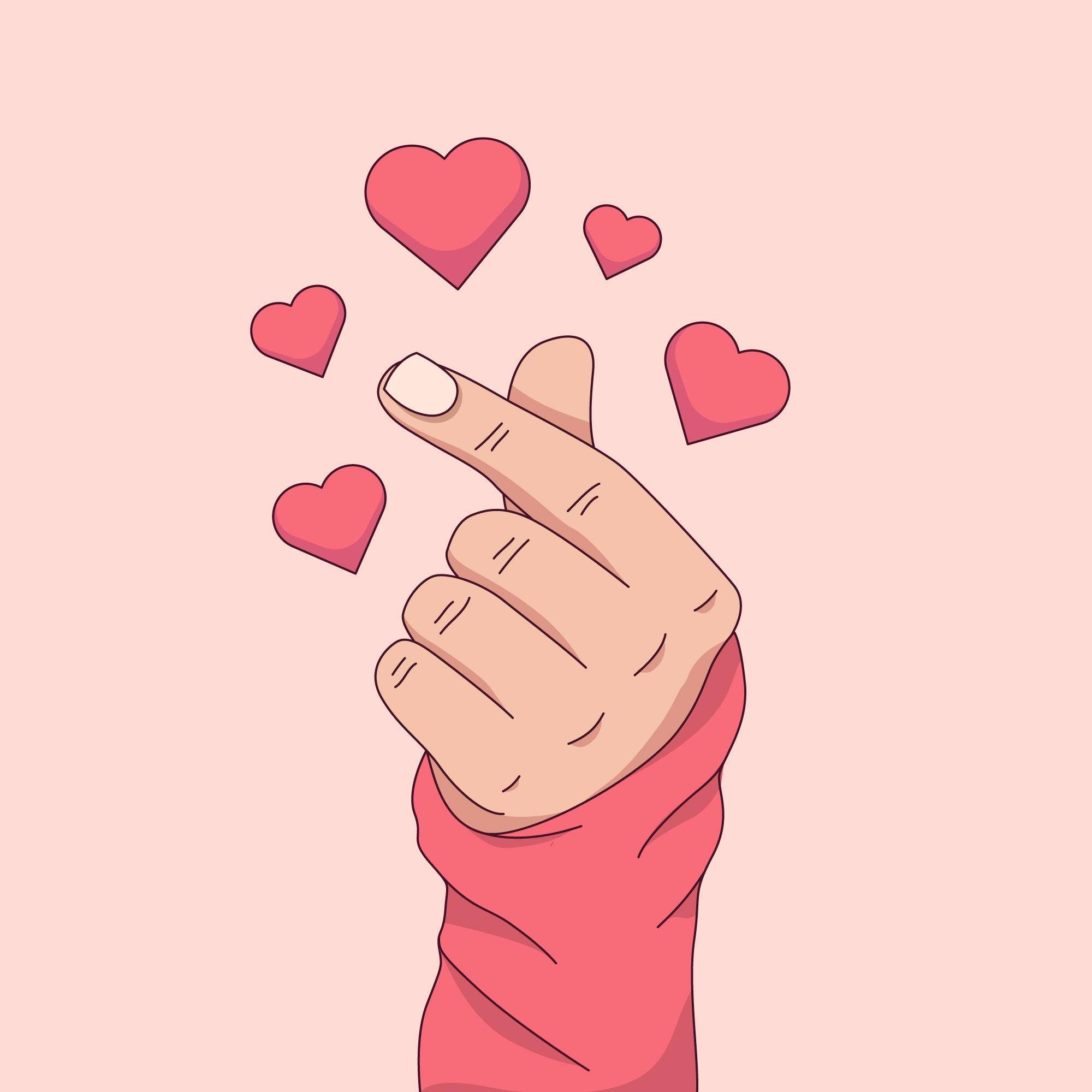 finger heart, pink sleeve, floating pink hearts, Full HD Desktop Wallpaper