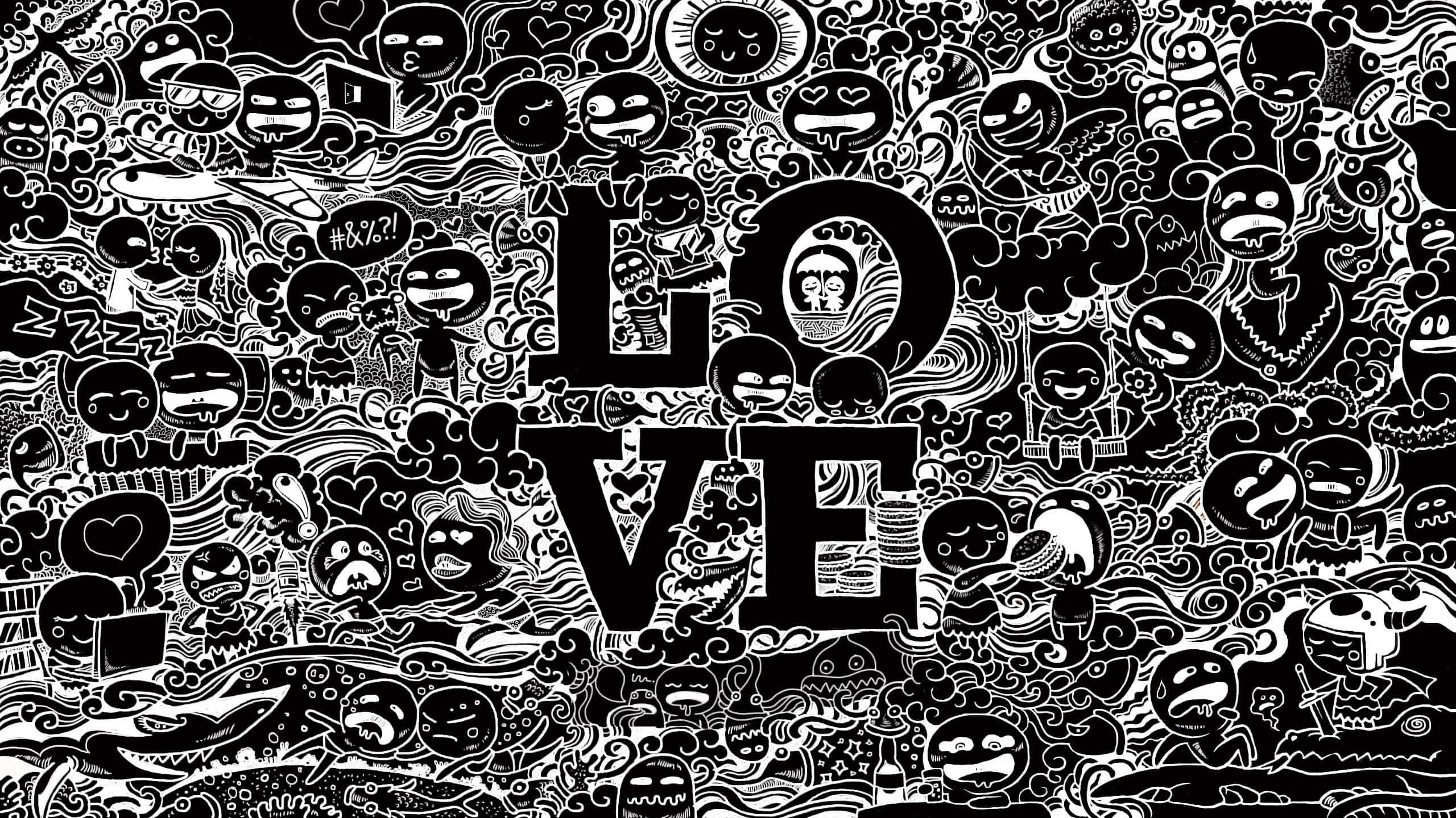 black and white, doodle-style, love scene, 2K Desktop Wallpaper