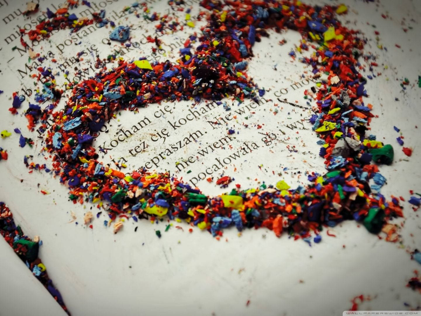 artful love heart, colorful broken crayon pieces, page of Polish text, HD Desktop Wallpaper