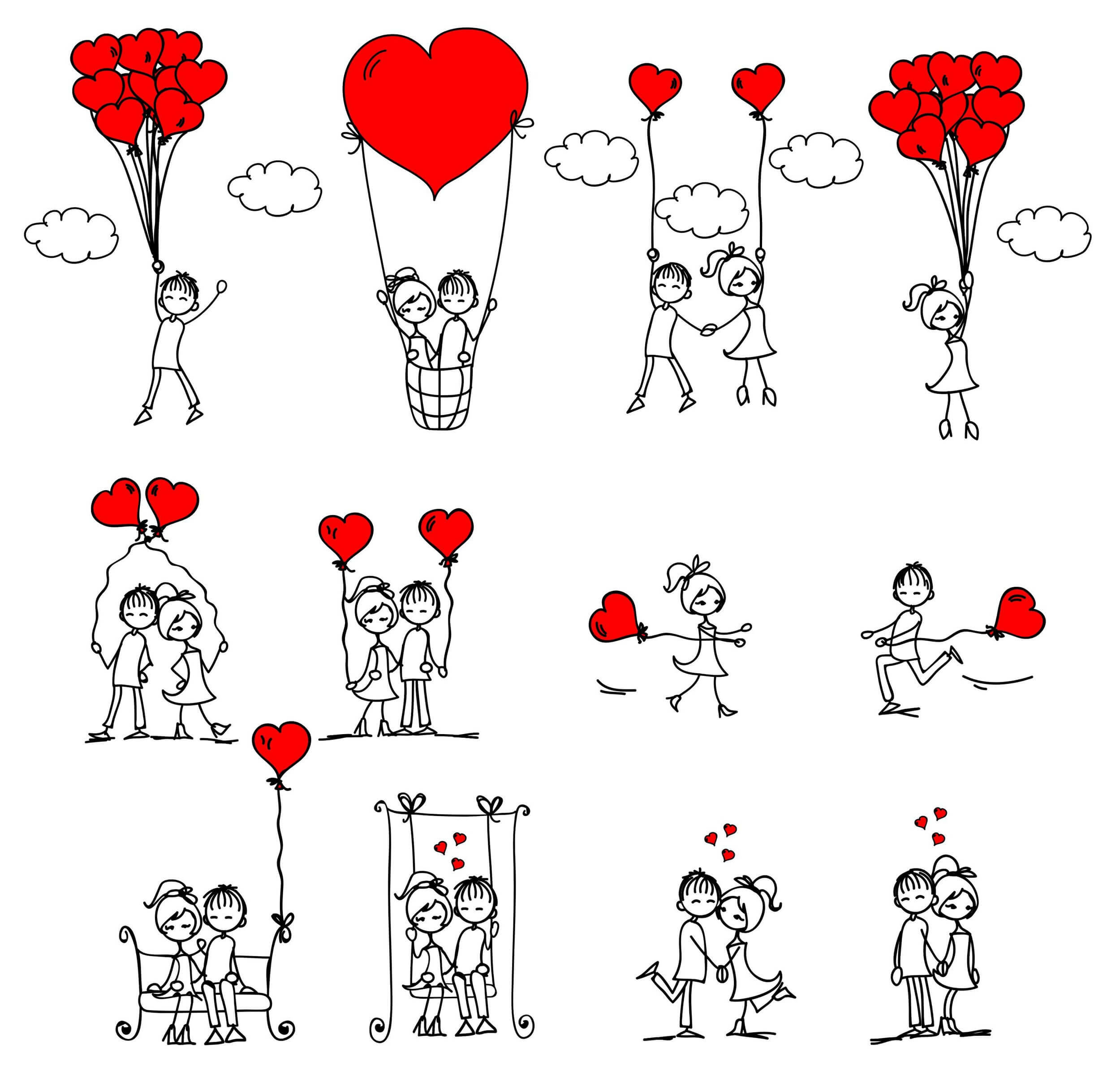 minimalist, red heart-shaped balloons, black line drawings, Full HD Desktop Wallpaper