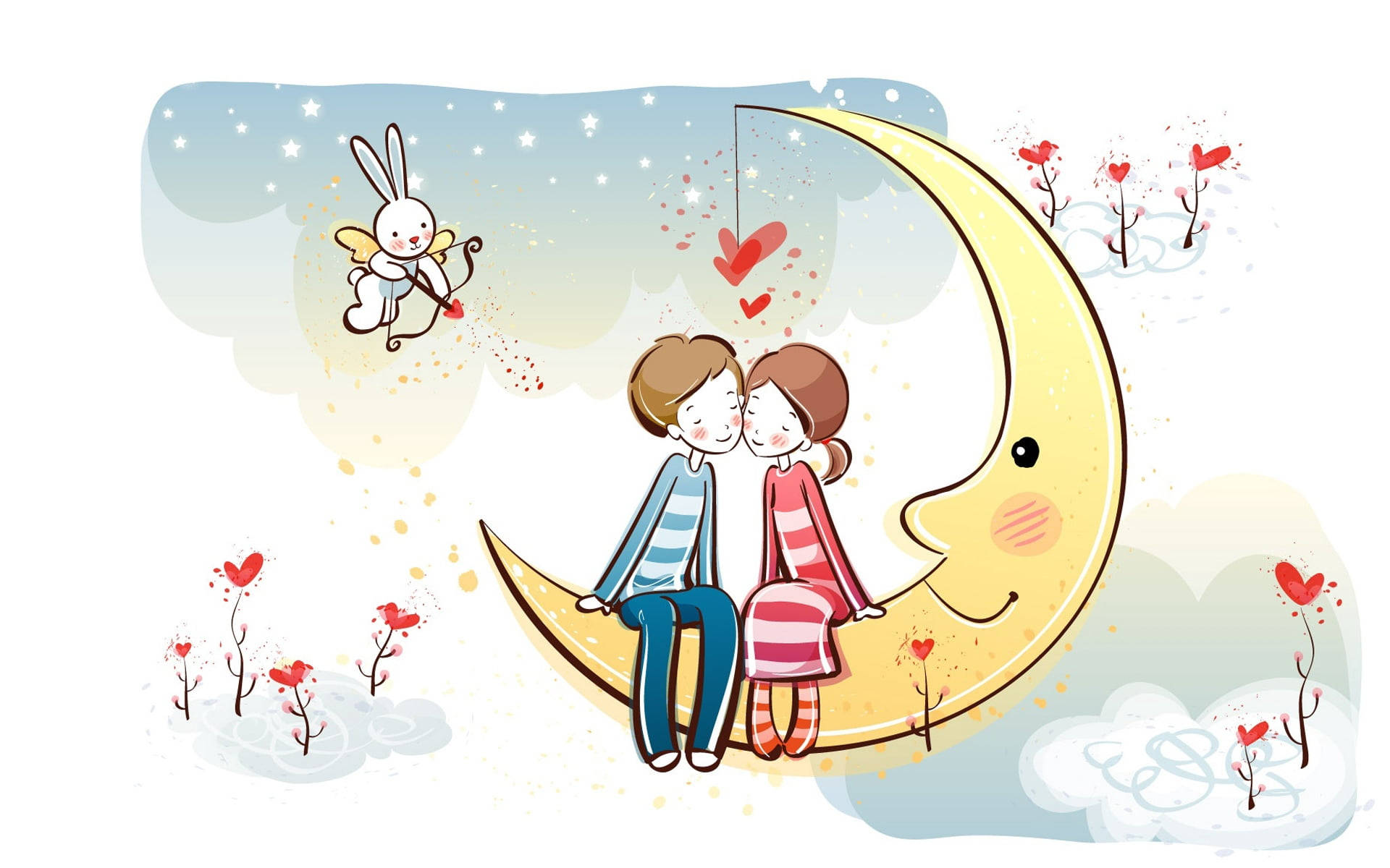 crescent moon, winged rabbit, hearts, Full HD Desktop Wallpaper
