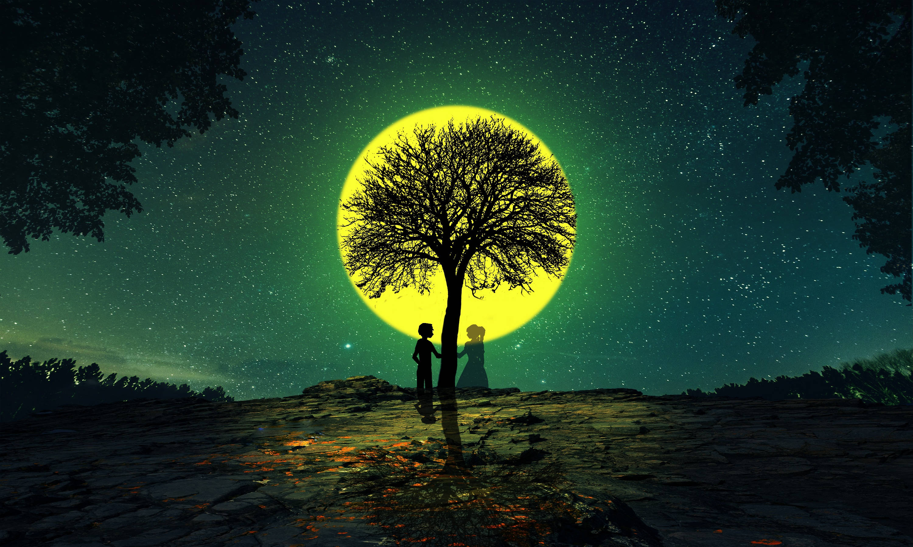 silhouette, lone tree, glowing yellow moon, 2K Desktop Wallpaper