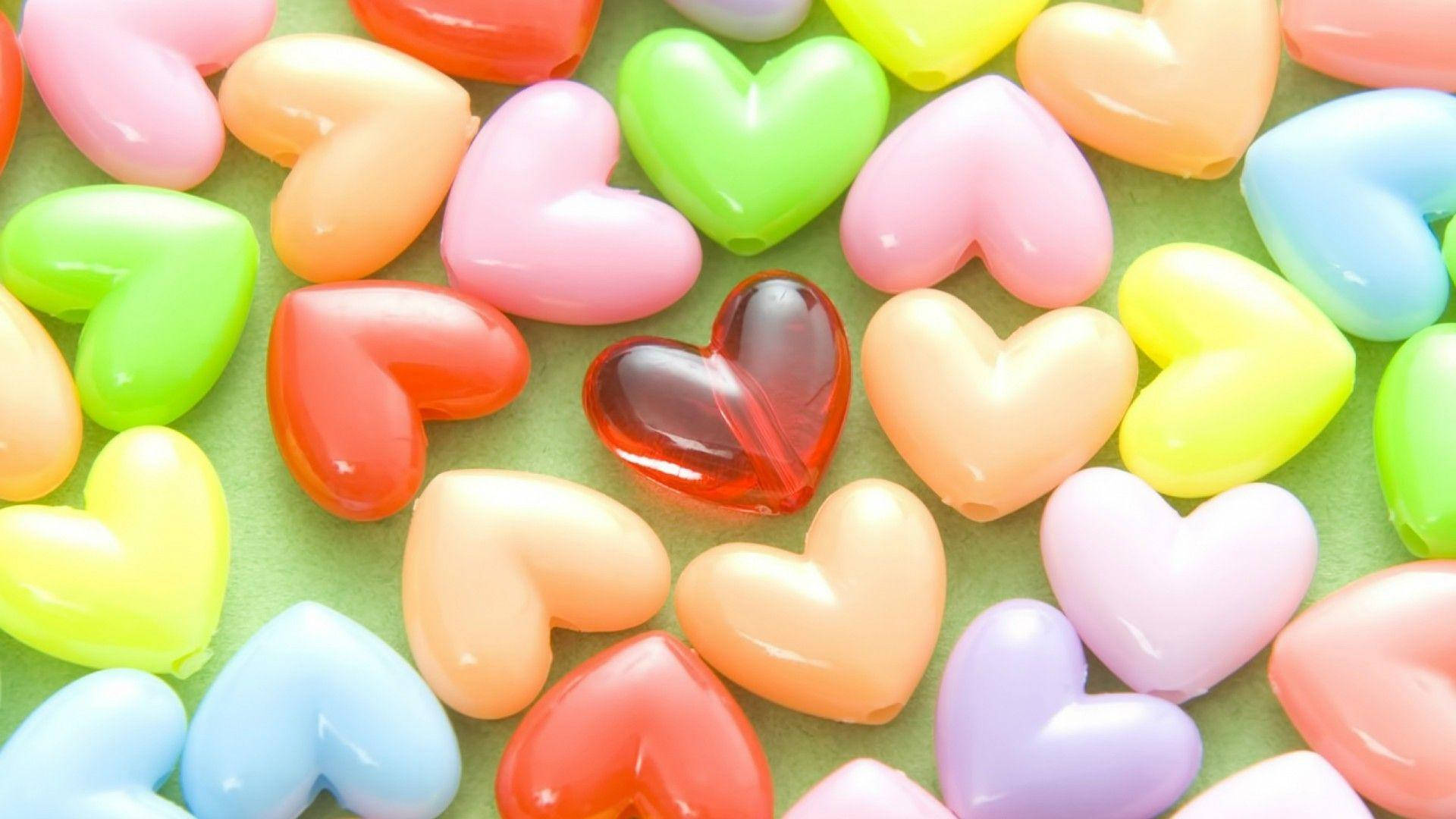 3D Hearts, glossy heart-shaped candies, pastel rainbow hues, Full HD Desktop Wallpaper
