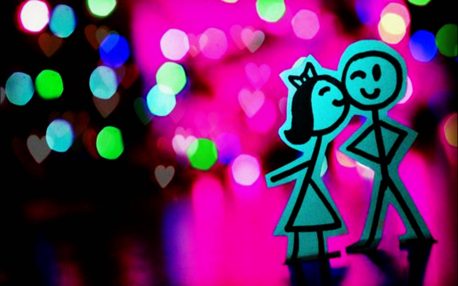 teal stick figure couple, vibrant bokeh background, pink hearts, Full HD Desktop Wallpaper