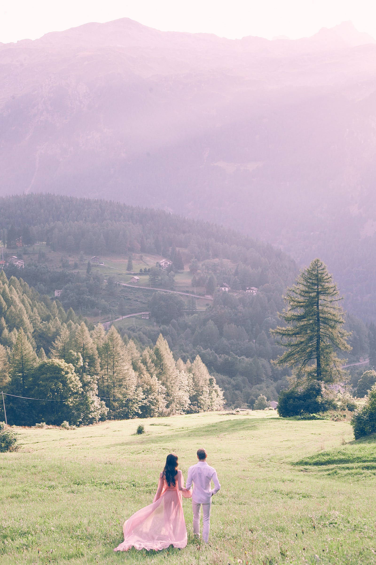 pink and white attire, sunlit meadow, distant misty mountains, Full HD Phone Wallpaper