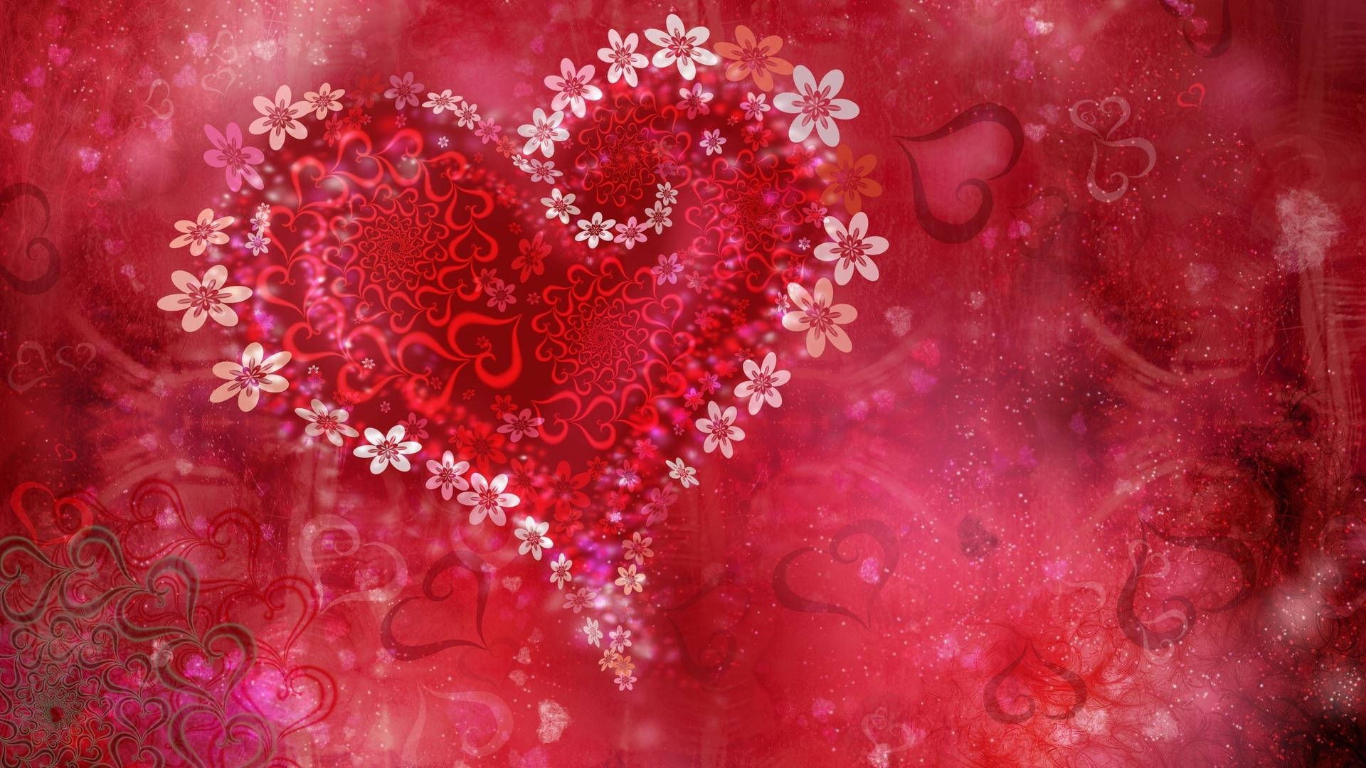 pink heart, white flowers, swirling patterns, Full HD Desktop Wallpaper