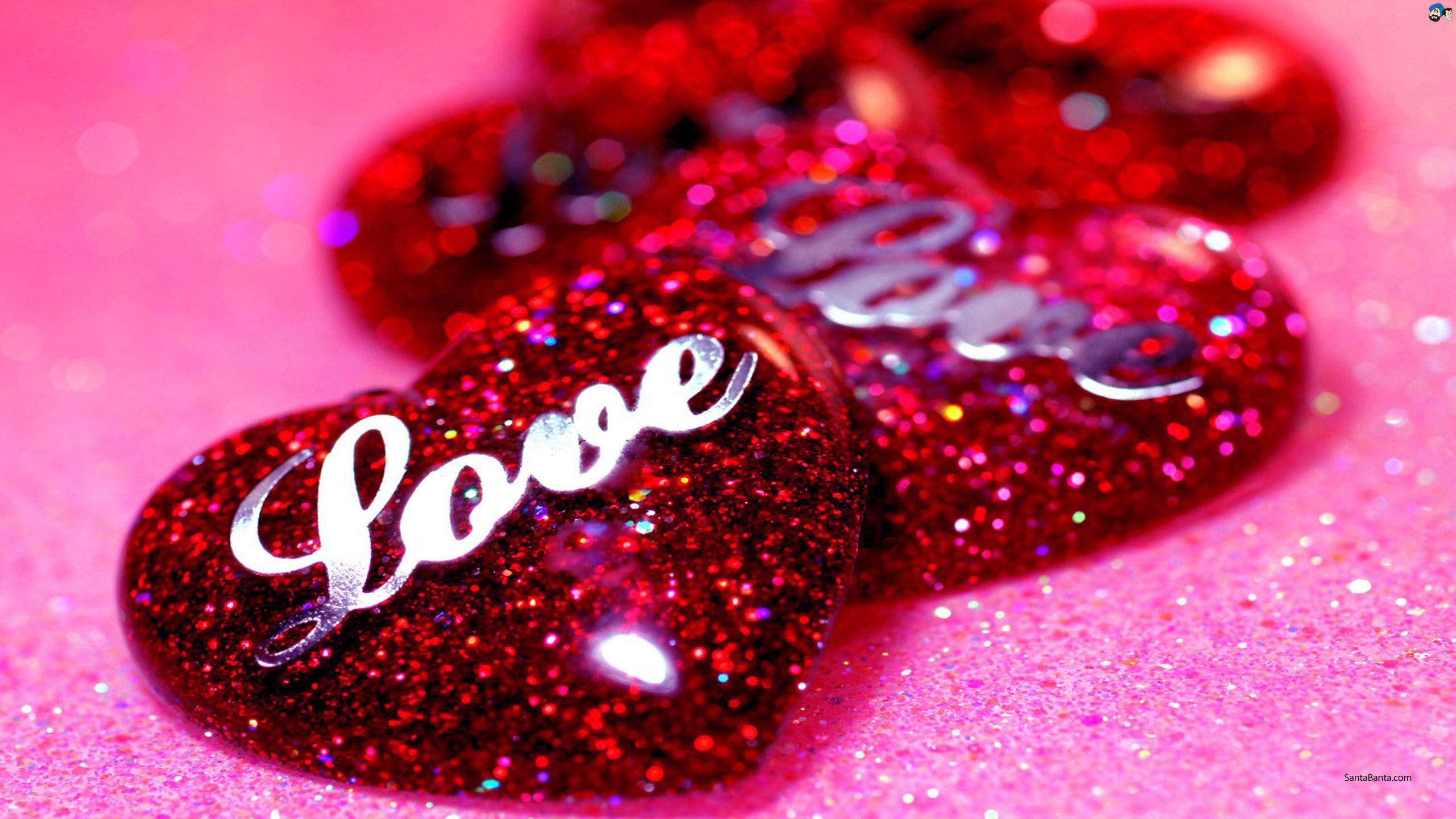 3D Heart, shiny red glitter, silver cursive love text, 2K Desktop Wallpaper