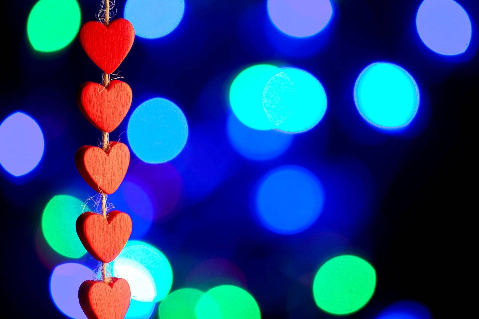red wooden hearts, vibrant bokeh background, blue and green lights, Full HD Desktop Wallpaper