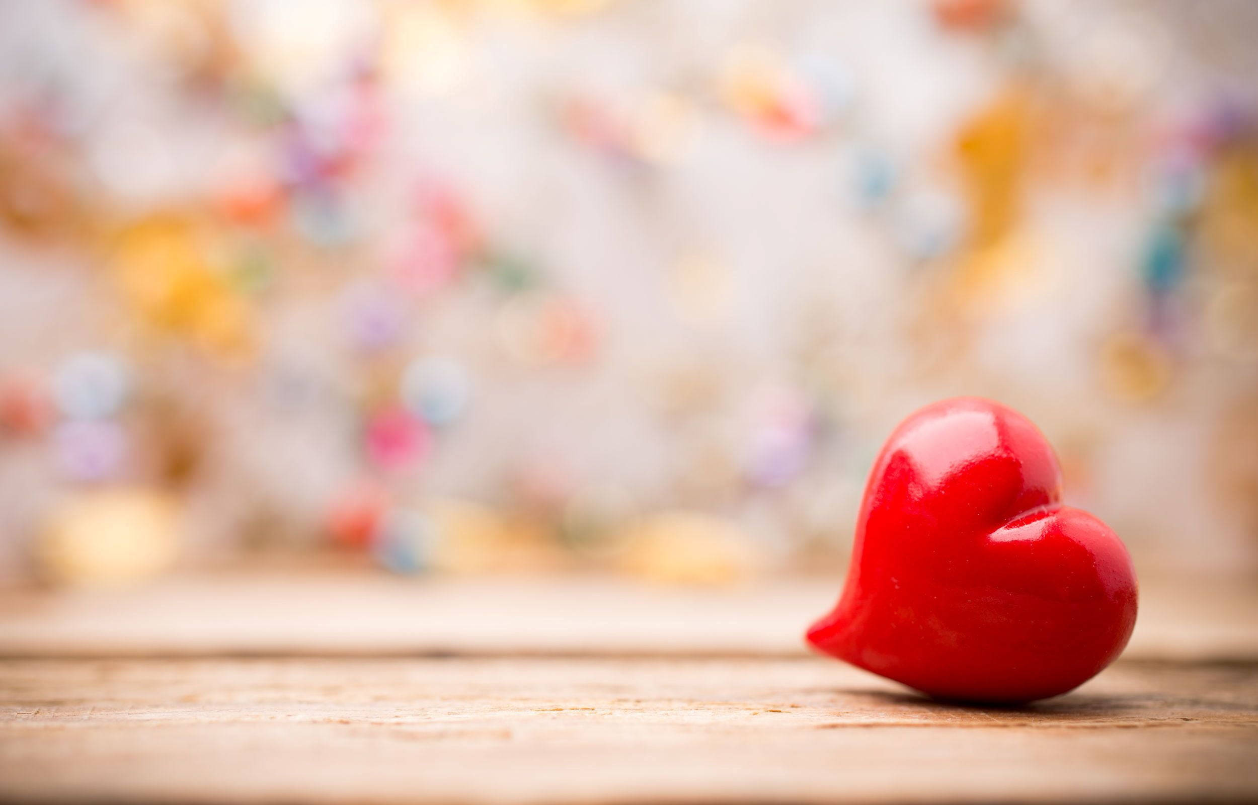 shiny red heart, glossy red heart-shaped object, wooden surface, Full HD Desktop Wallpaper