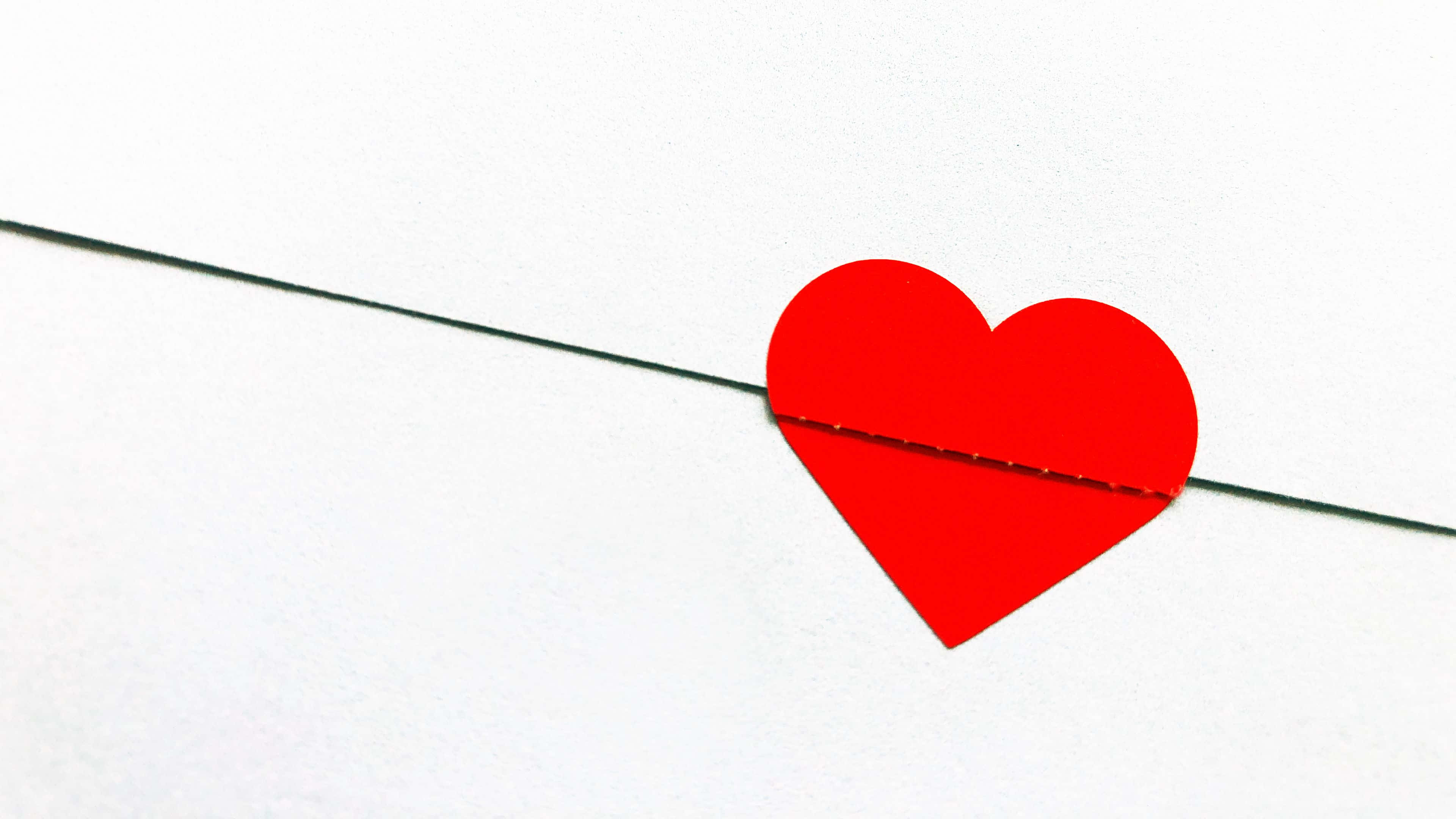4K resolution, bright red paper heart, thin black string, 4K Desktop Wallpaper