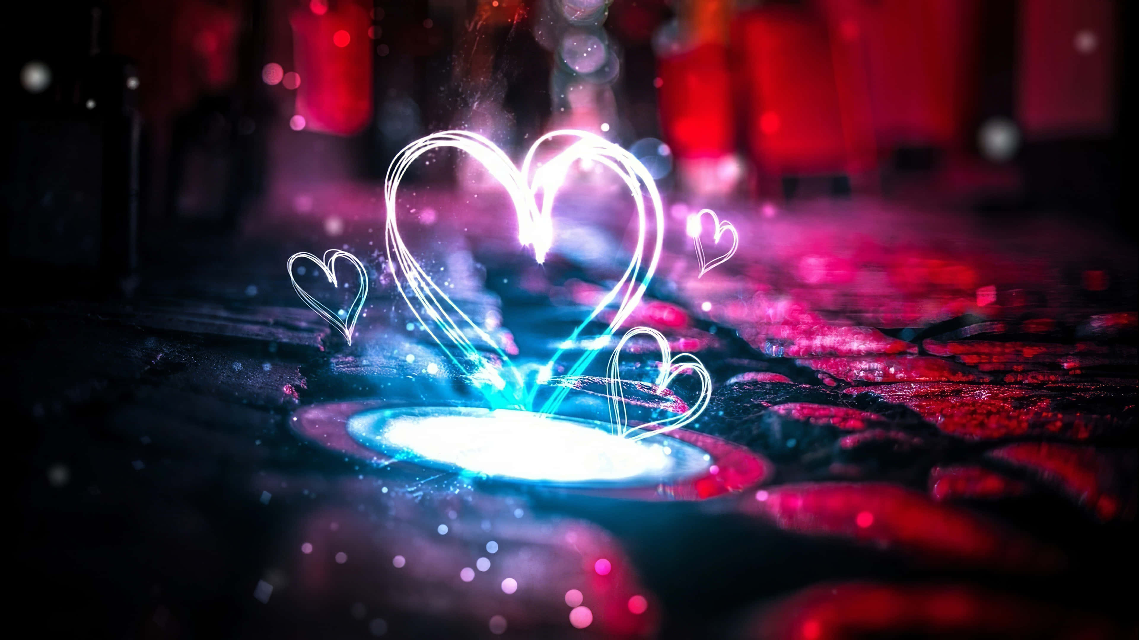neon hearts, wet pavement, vibrant red and blue lights, 4K Desktop Wallpaper
