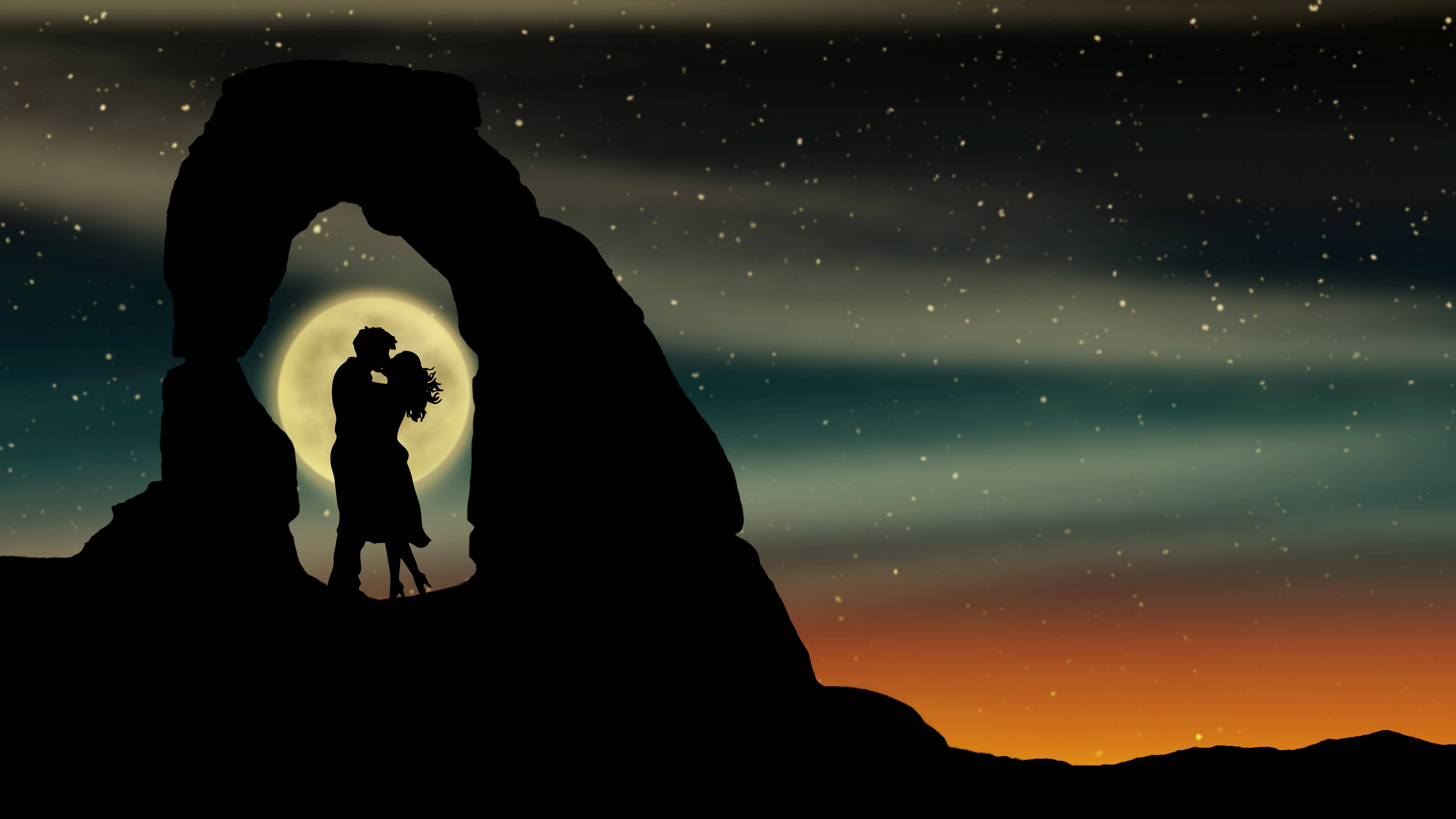 kissing couple silhouette, moonlit rock arch, starry twilight sky, 5K Desktop Wallpaper