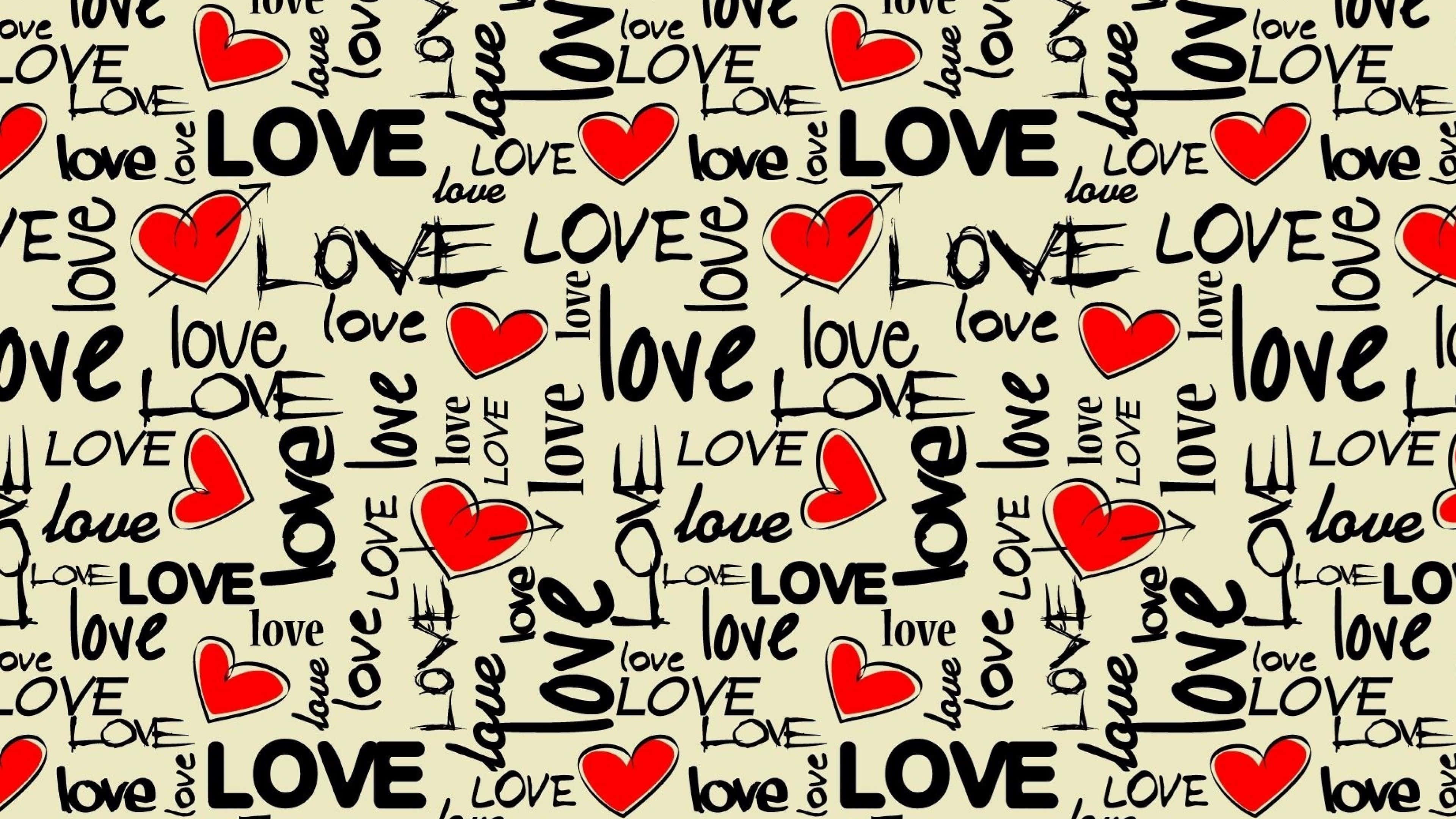 red hearts, love, black script, 4K Desktop Wallpaper