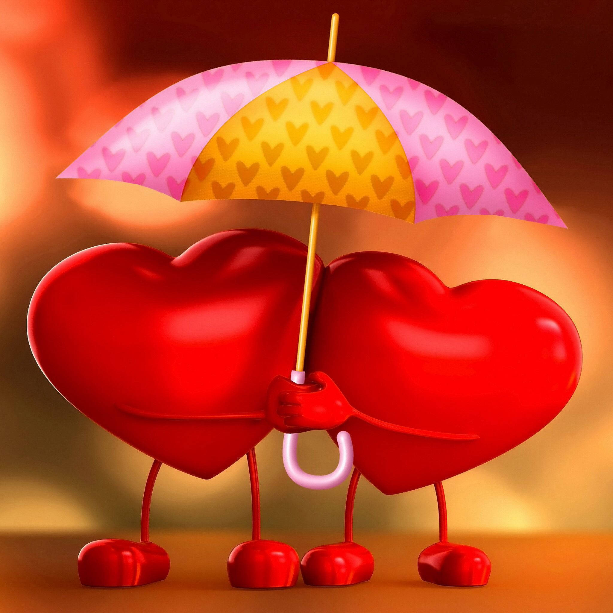 Sweet Love Hearts, glossy red heart, pink and yellow heart-patterned umbrella, Full HD Desktop Wallpaper