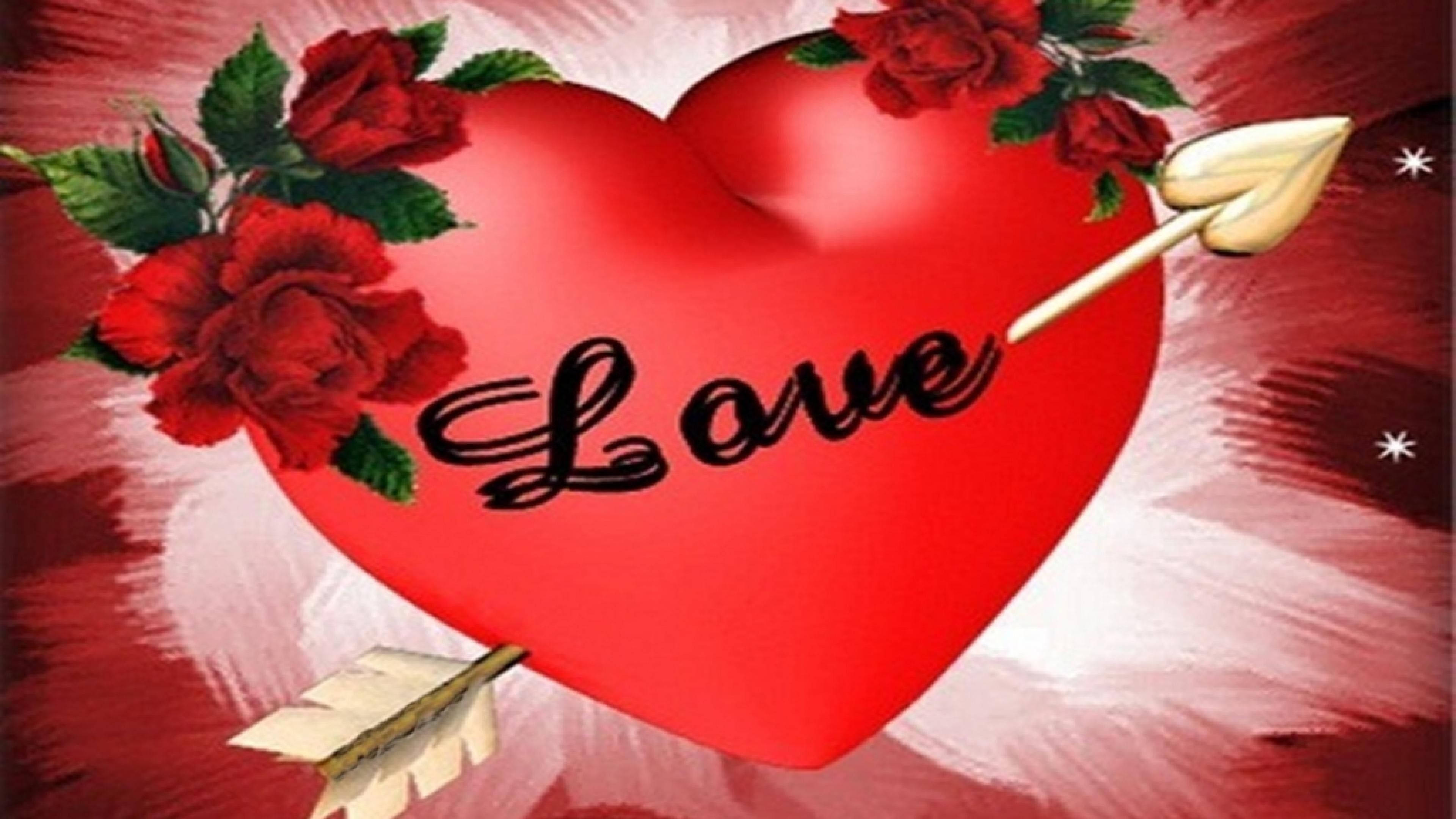 Love Heart, roses, glossy red heart, 4K Desktop Wallpaper