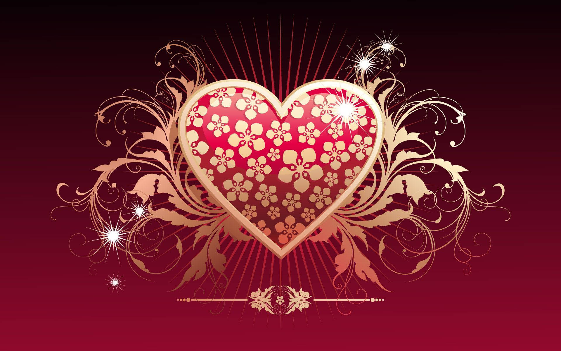 Love Heart, red heart, gold floral patterns, Full HD Desktop Wallpaper