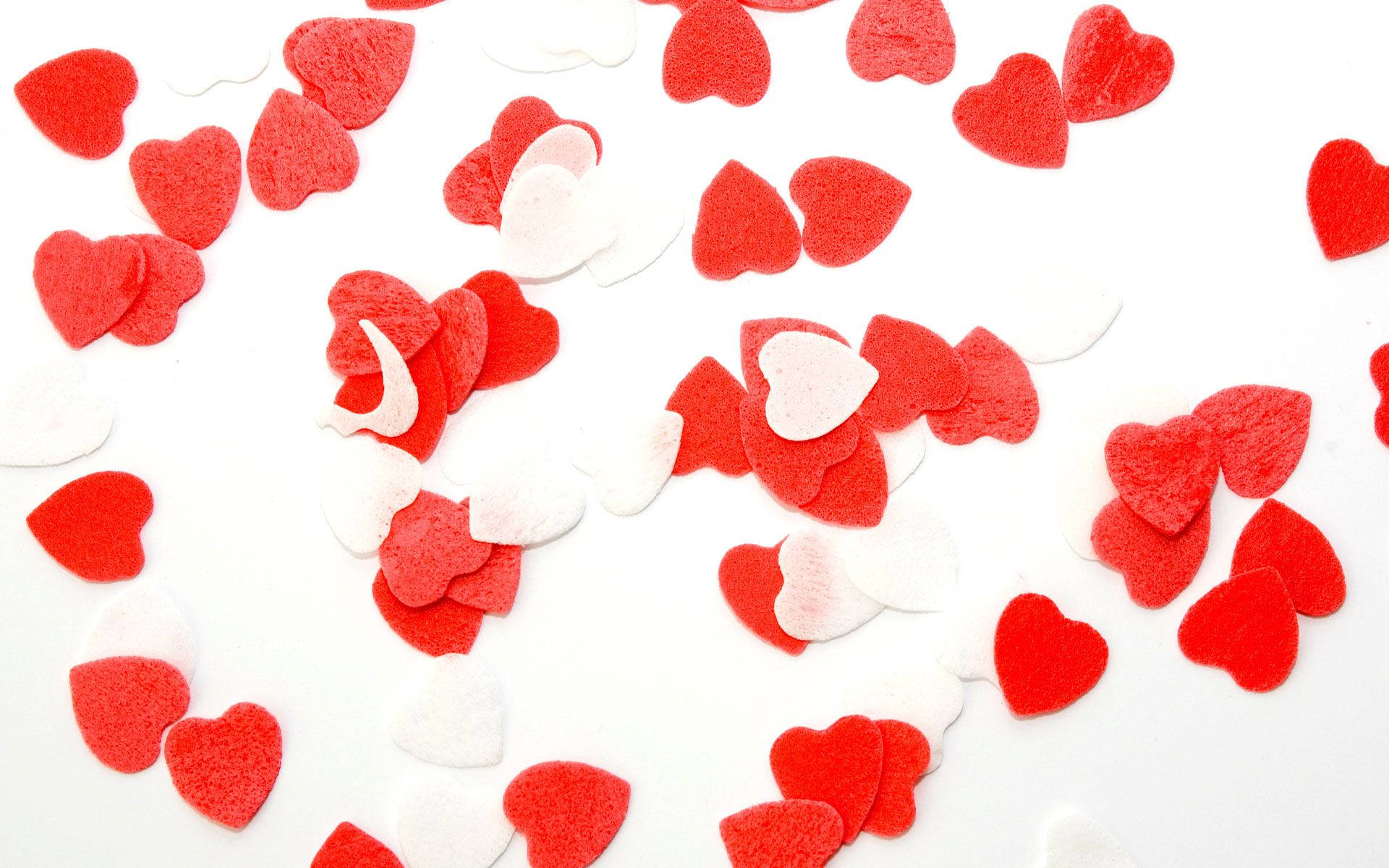 red and white love hearts, heart-shaped confetti, bright white background, Full HD Desktop Wallpaper