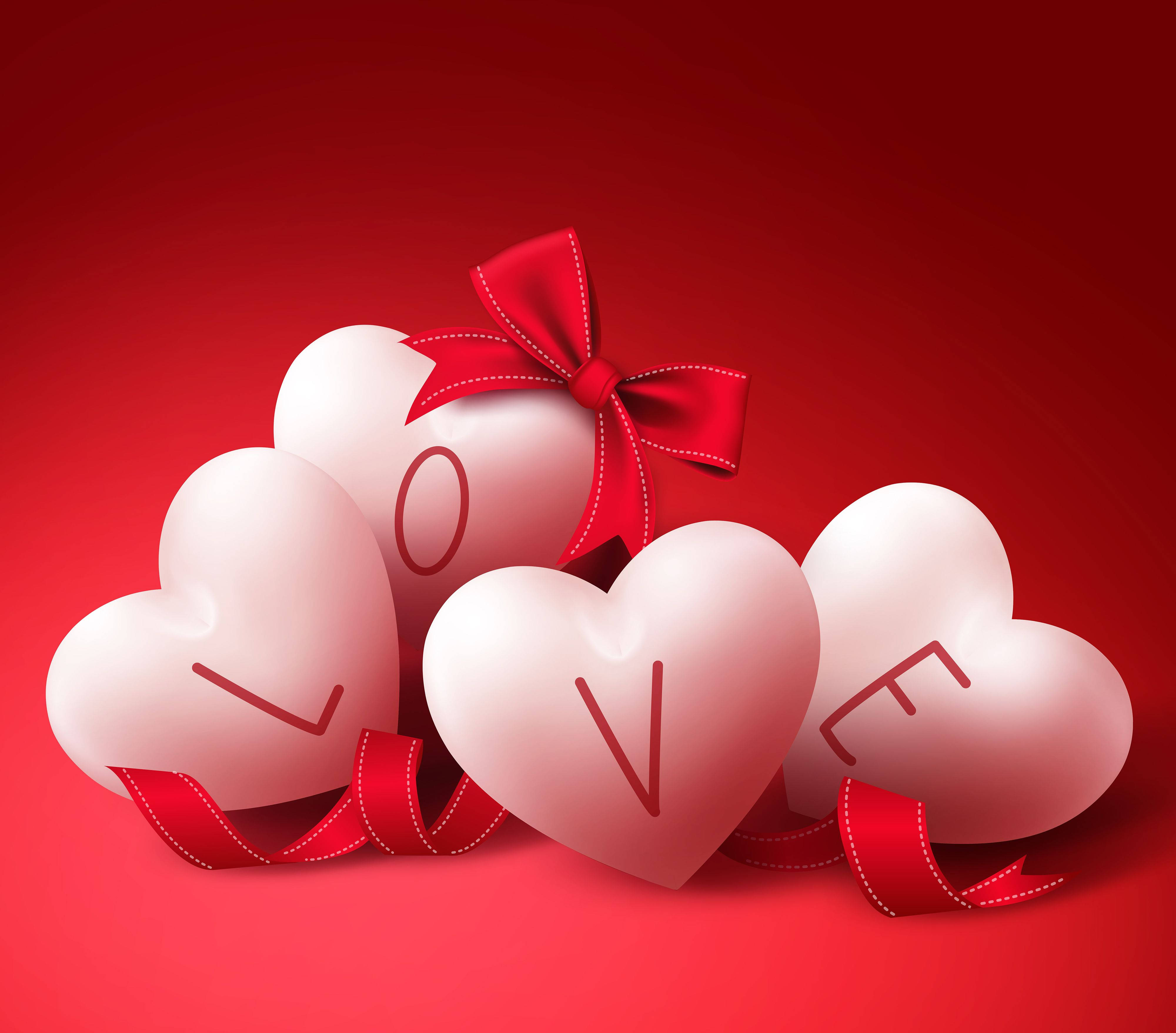 white love hearts ribbon, glossy white hearts, red ribbons, 4K Desktop Wallpaper