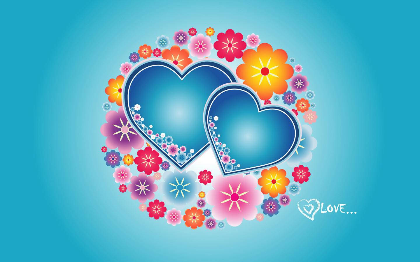 blue love hearts floral, glossy blue hearts, colorful flowers, HD Desktop Wallpaper