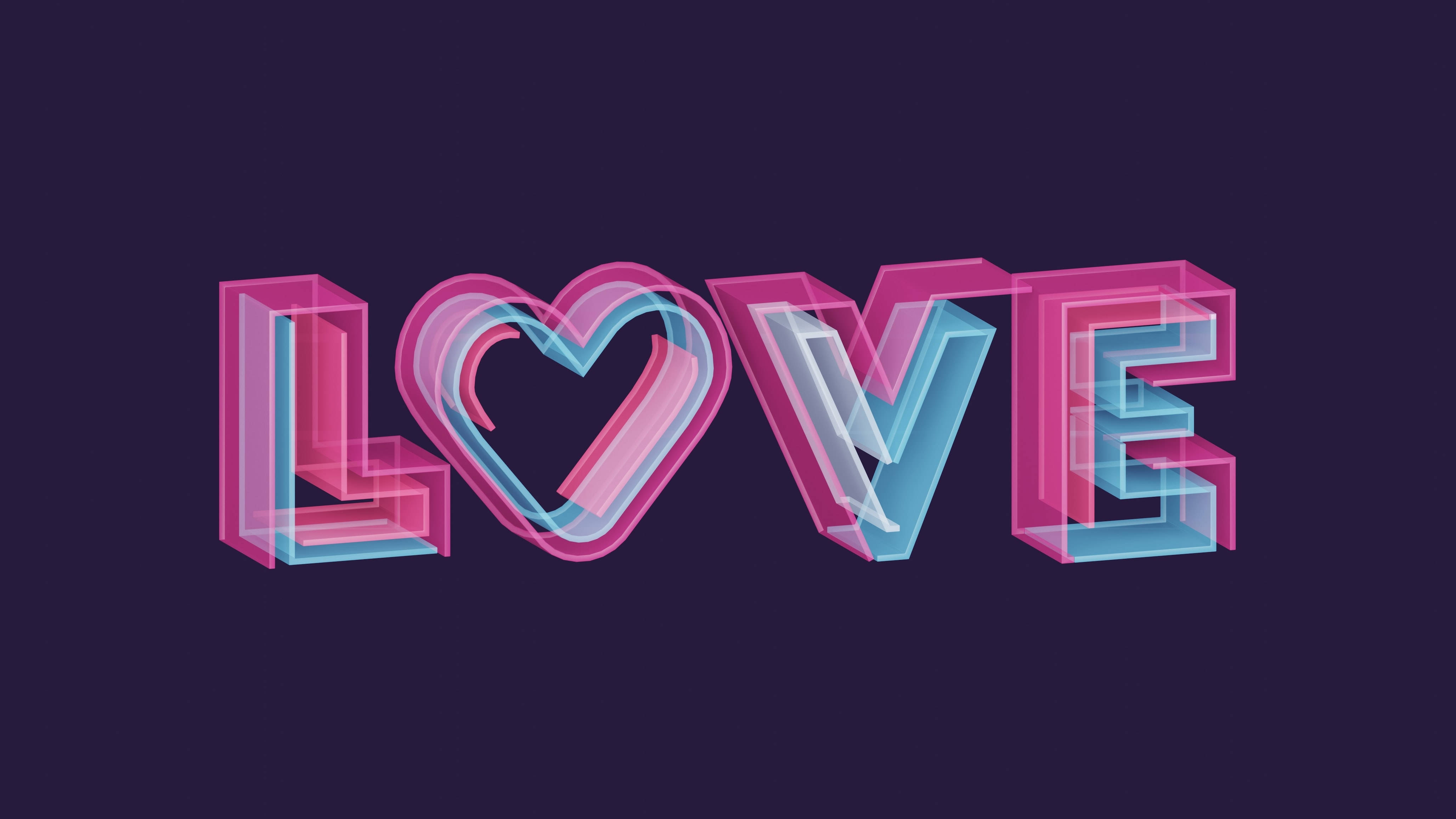 LOVE, 3D letters, heart replacing the O, 4K Desktop Wallpaper