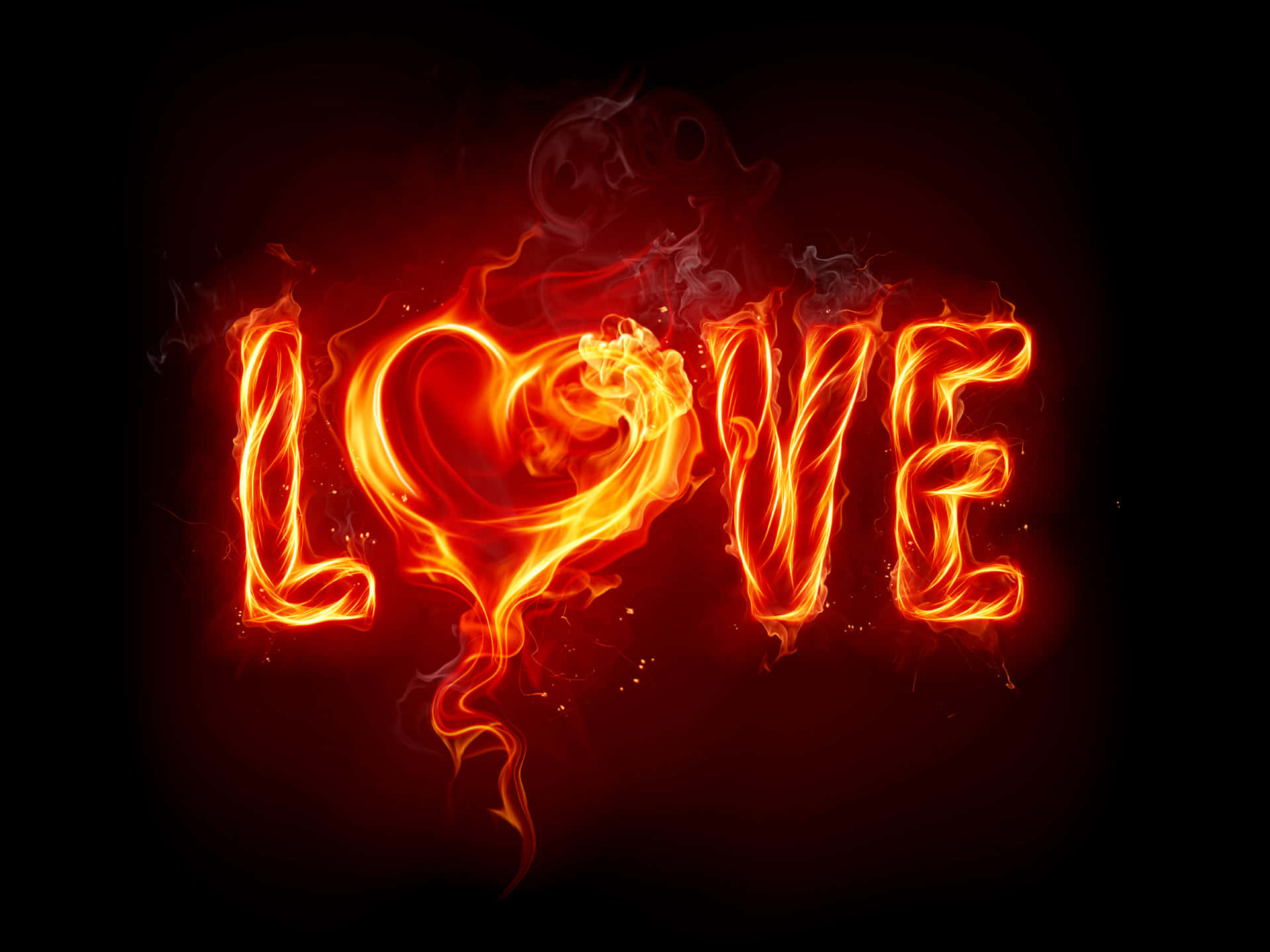 Love, vibrant orange and red flames, dark background, Full HD Desktop Wallpaper
