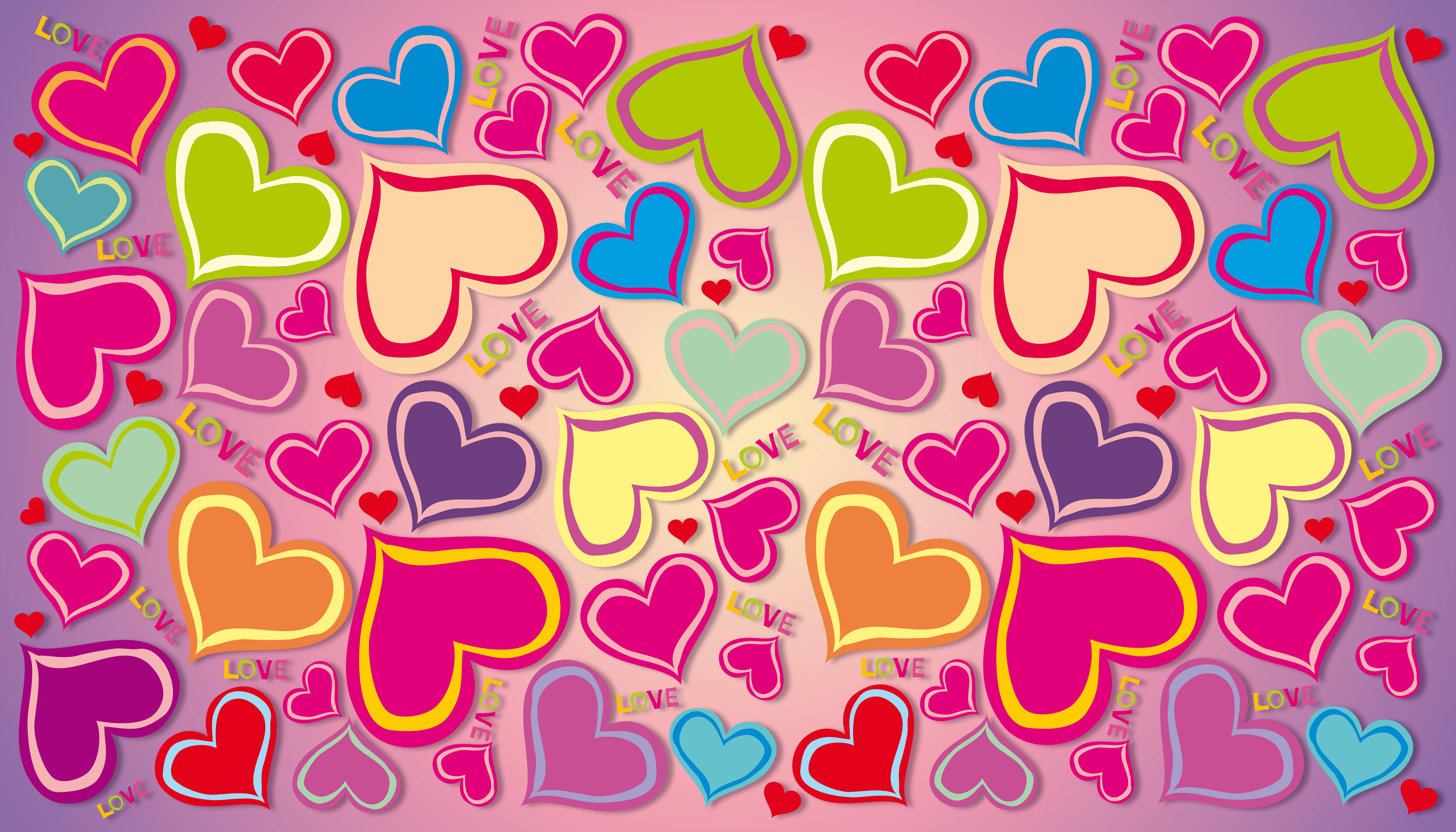 multicolored awesome heart, Vibrant colorful hearts, soft pink gradient background, 5K Desktop Wallpaper