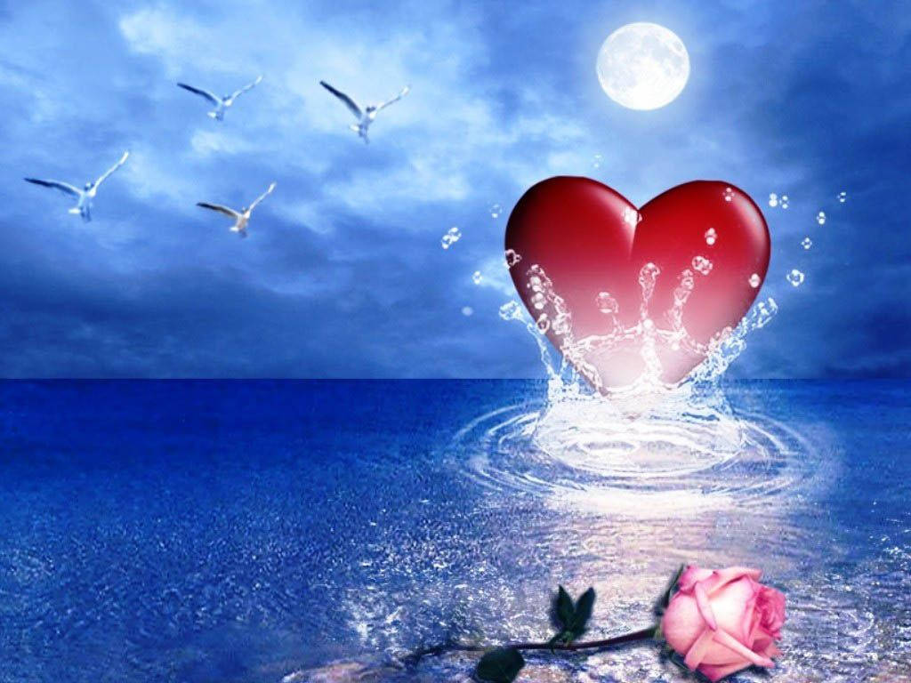 Love Heart, azure sea, full moon, SD Desktop Wallpaper