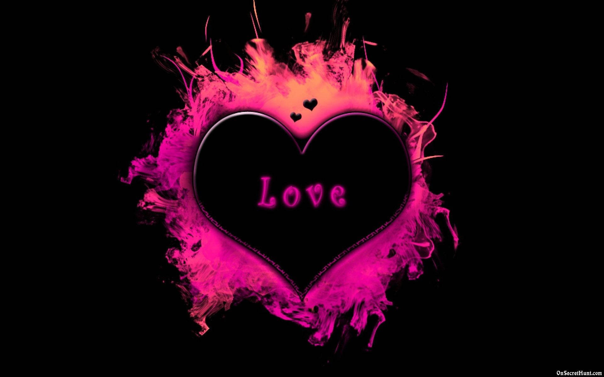 black and pink love heart, glowing pink heart, word 'Love', Full HD Desktop Wallpaper