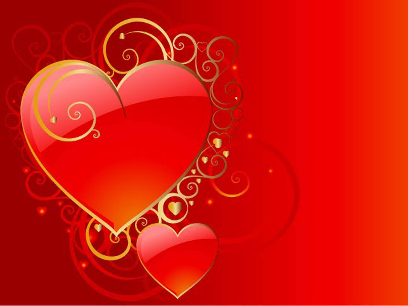 red love heart, glossy red heart, golden swirls, HD Desktop Wallpaper