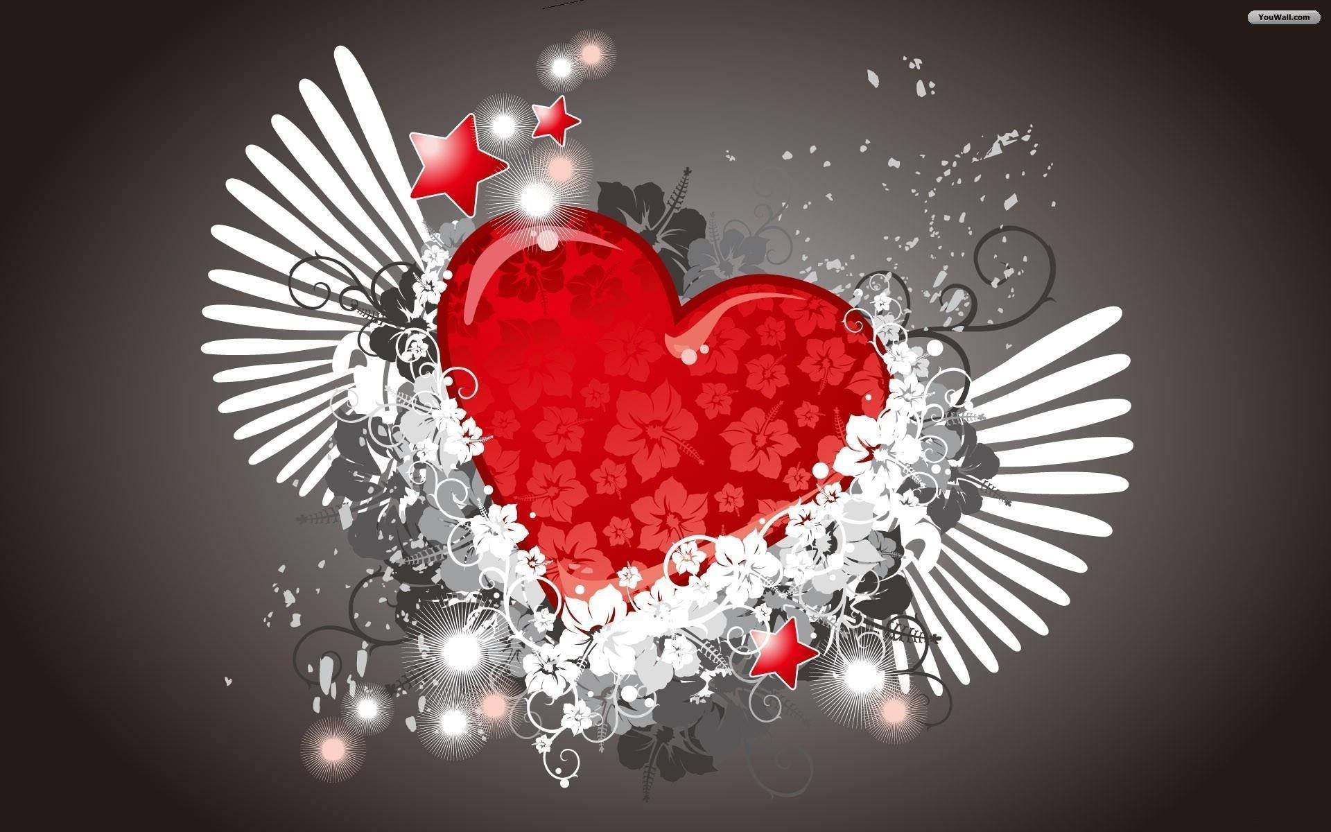 3D Love Heart Wings, glossy red heart, floral patterns, Full HD Desktop Wallpaper