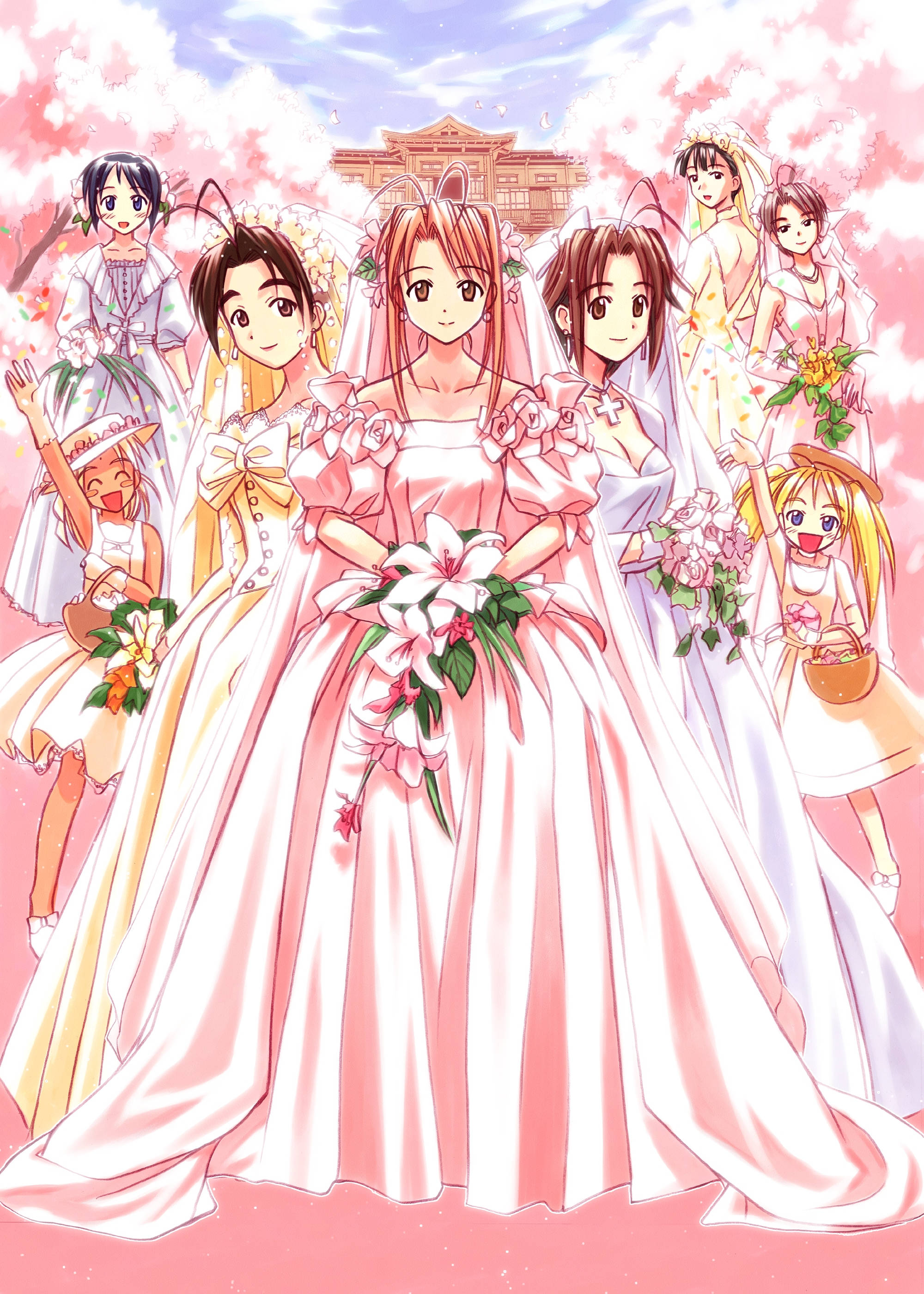 Love Hina, bridal outfits, cherry blossoms, 2K Phone Wallpaper