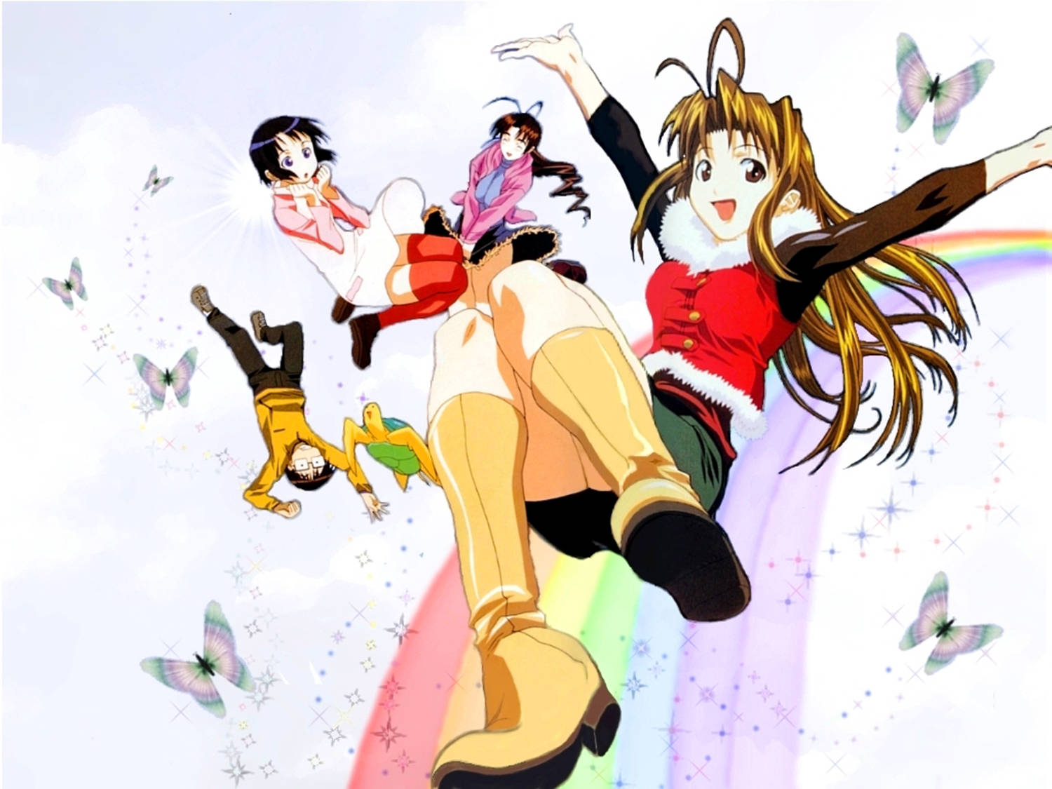 Love Hina, rainbow, butterflies, HD Desktop Wallpaper
