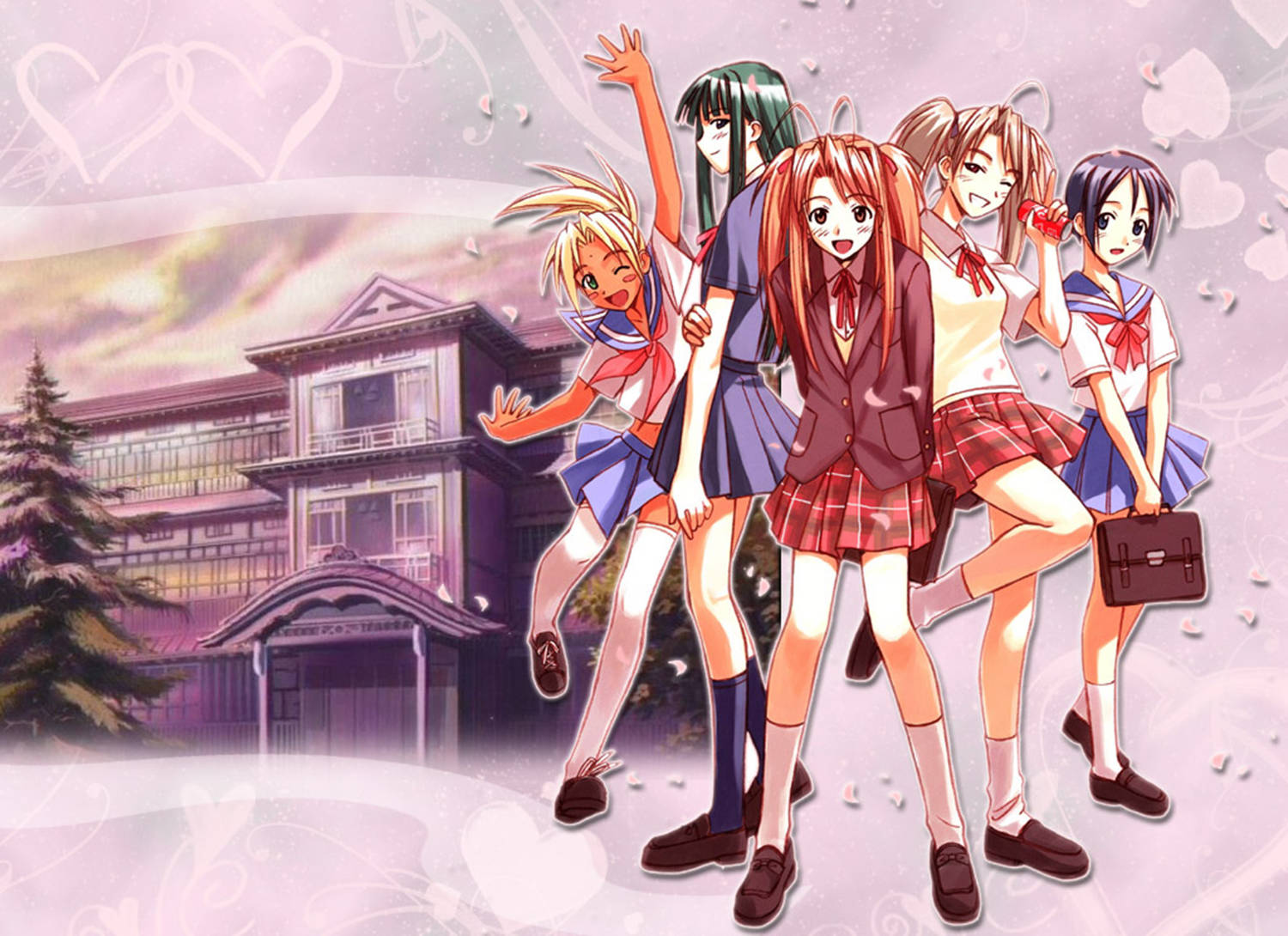 Love Hina, school uniform, traditional Japanese school building, HD Desktop Wallpaper