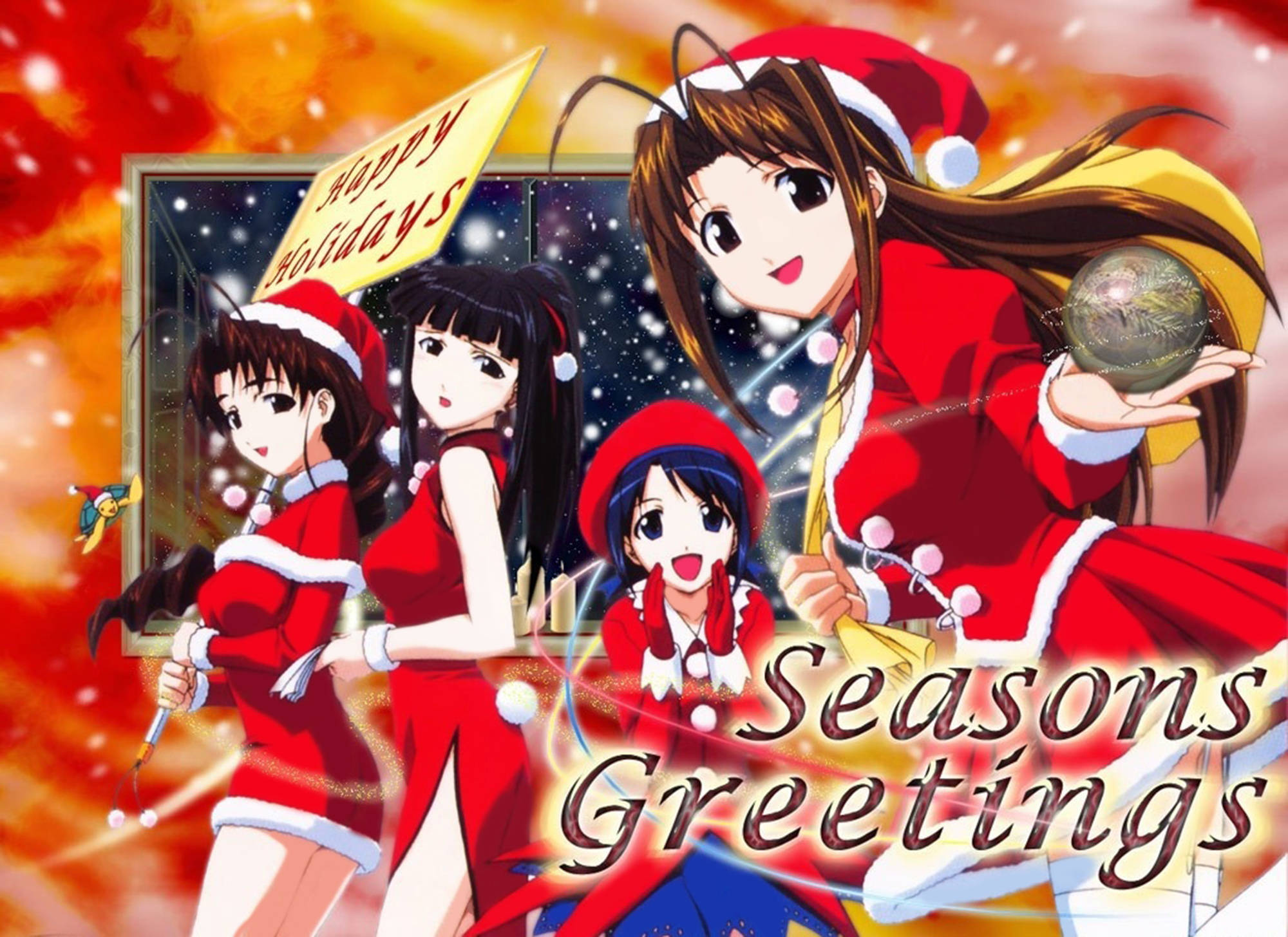 Love Hina, Season Greetings, red Santa outfits, Full HD Desktop Wallpaper