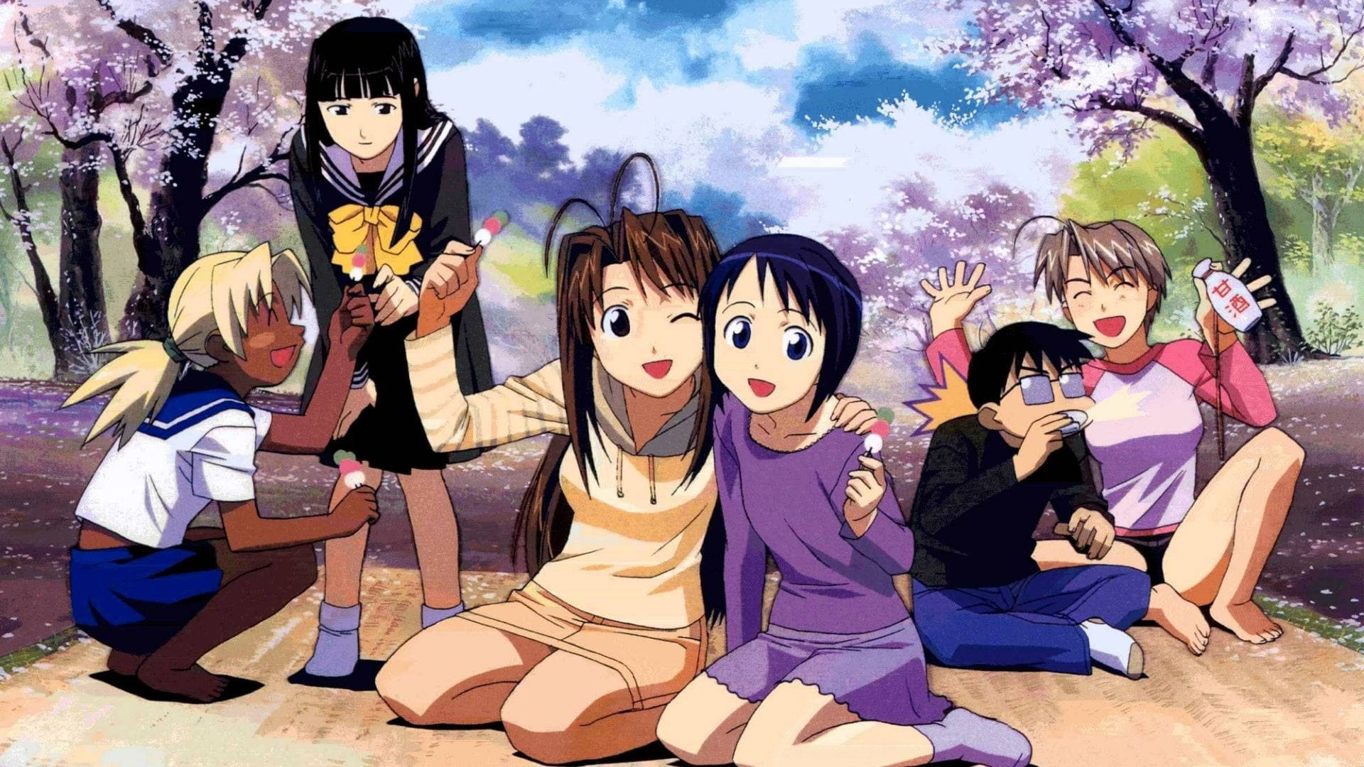 Love Hina, picnic scene, cherry trees, Full HD Desktop Wallpaper
