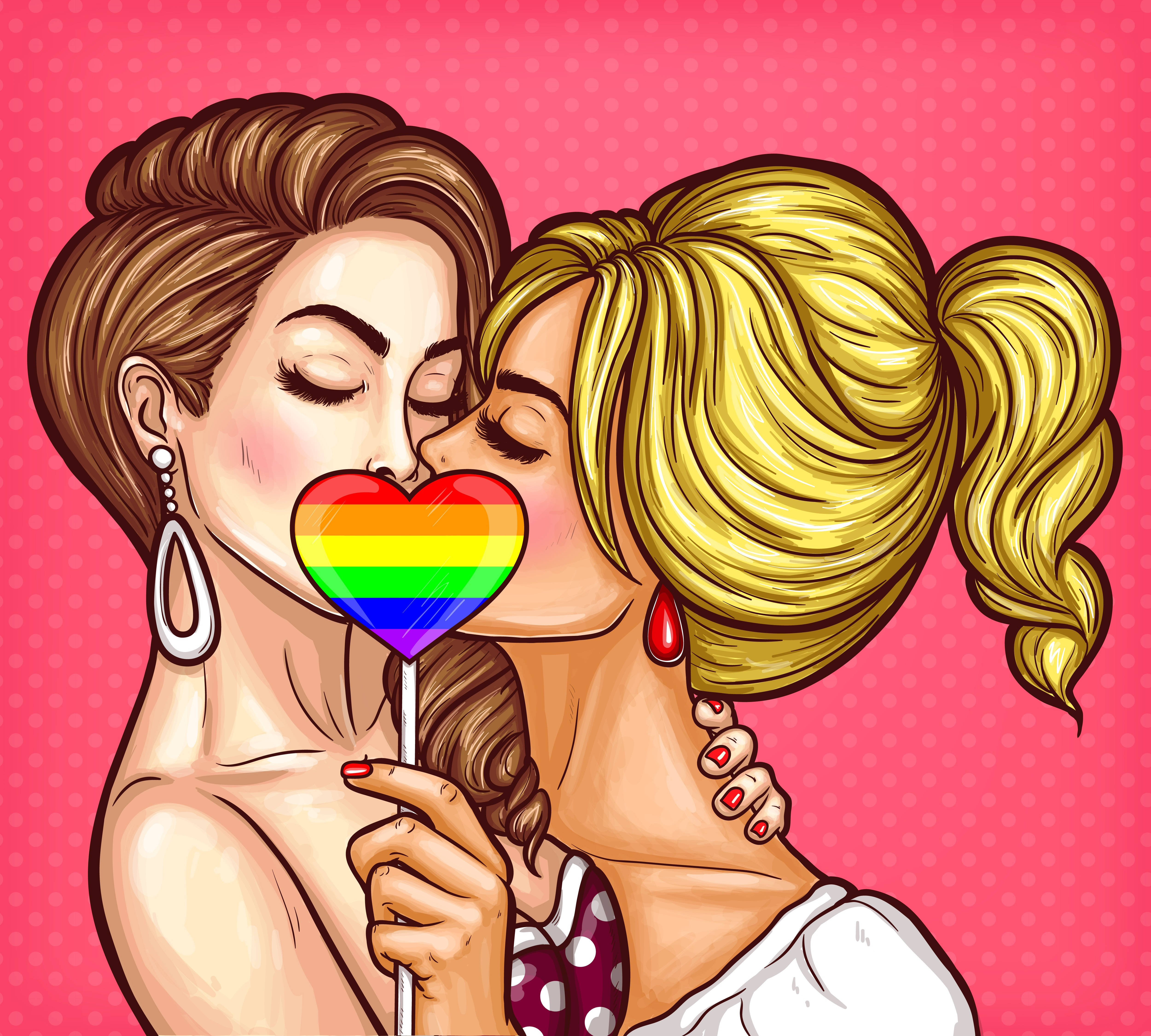 lesbian aesthetic, heart pop art, rainbow heart lollipop, 4K Desktop Wallpaper
