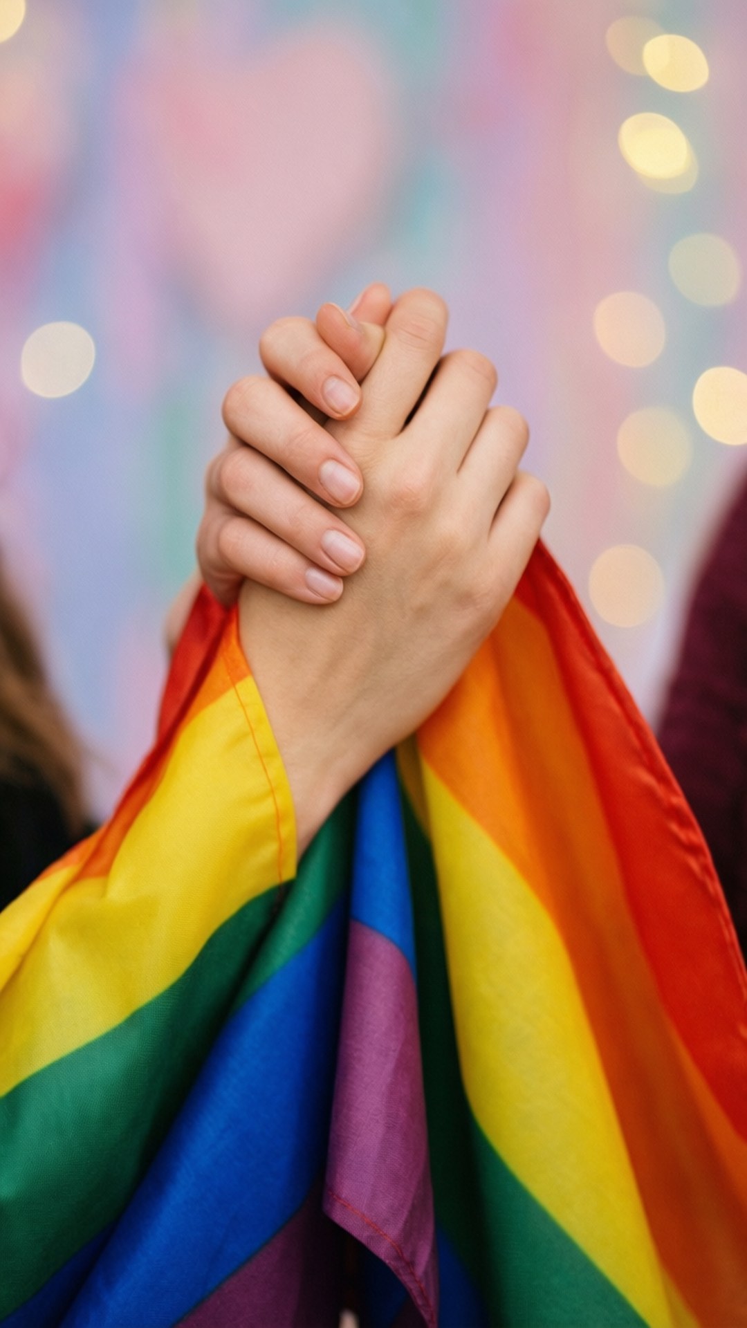 interlocked hands, vibrant rainbow flag, soft blurred background, Full HD Phone Wallpaper