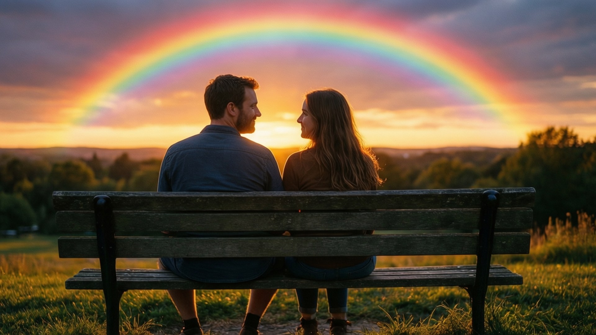 rainbow, sunset, wooden bench, Full HD Desktop Wallpaper