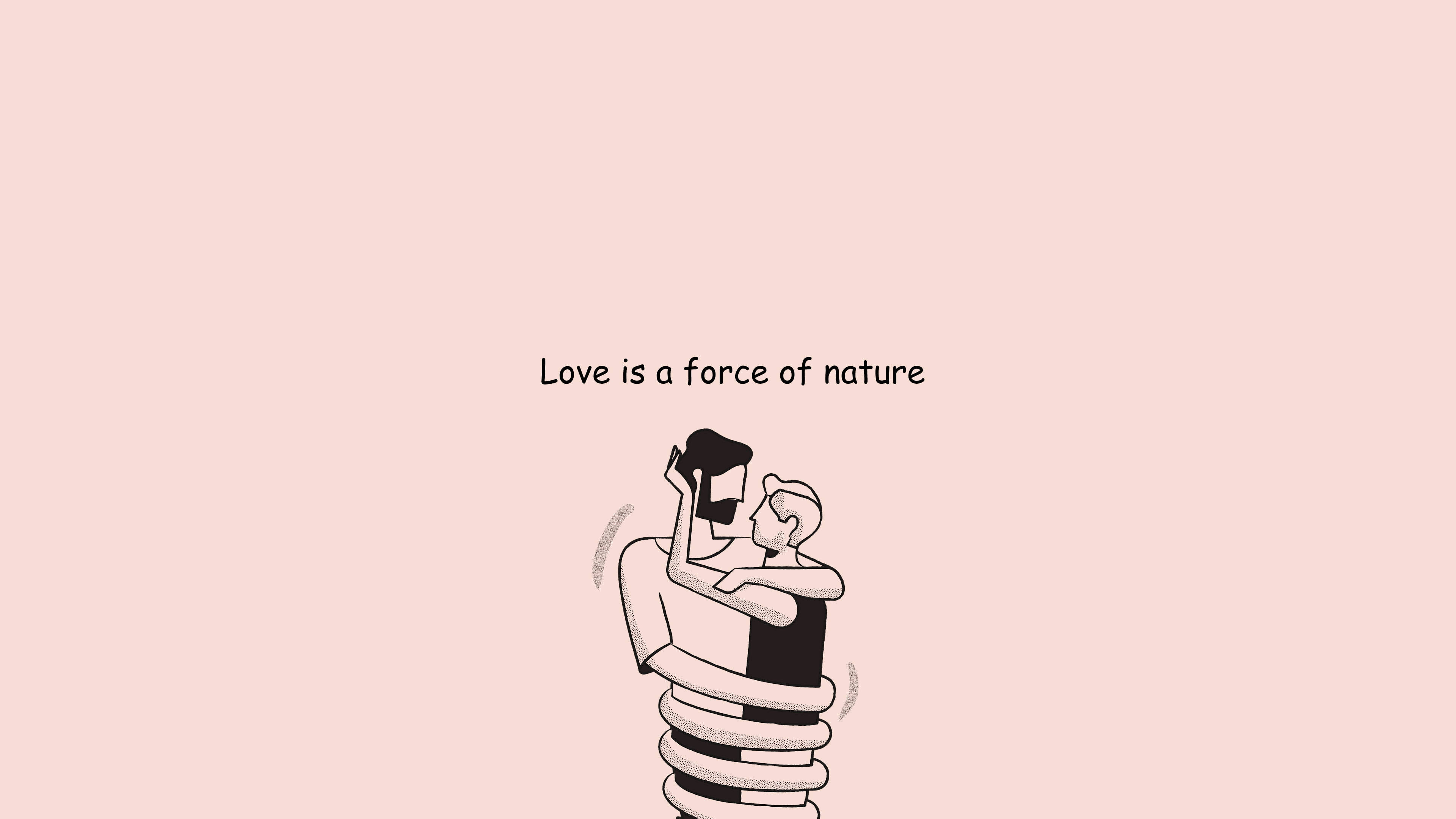minimalist line-art illustration, two people embracing, coiled spring, 4K Desktop Wallpaper