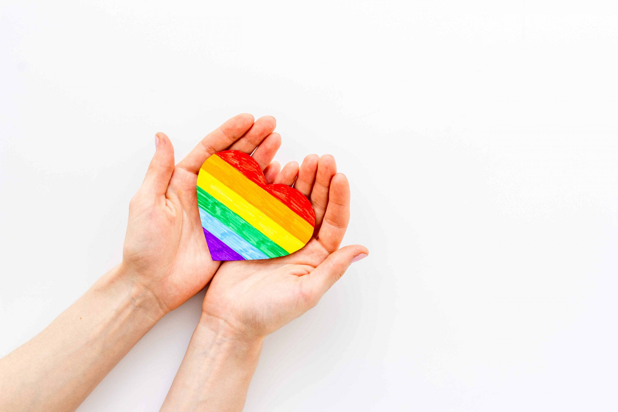 Love Is Love, rainbow-colored heart, white background, 2K Desktop Wallpaper