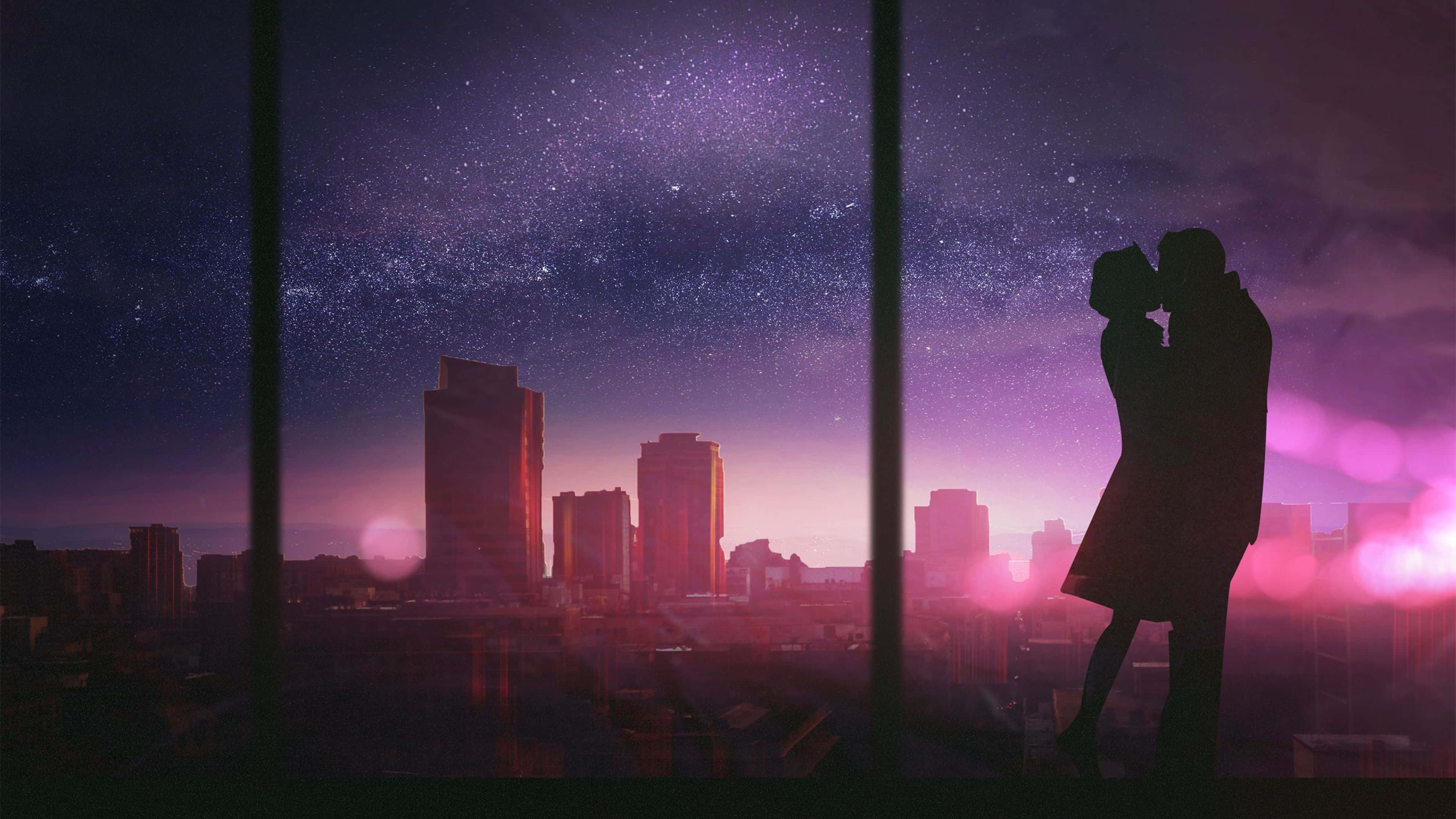 Love is Always the Answer, vibrant purple starry cityscape, silhouette, 4K Desktop Wallpaper