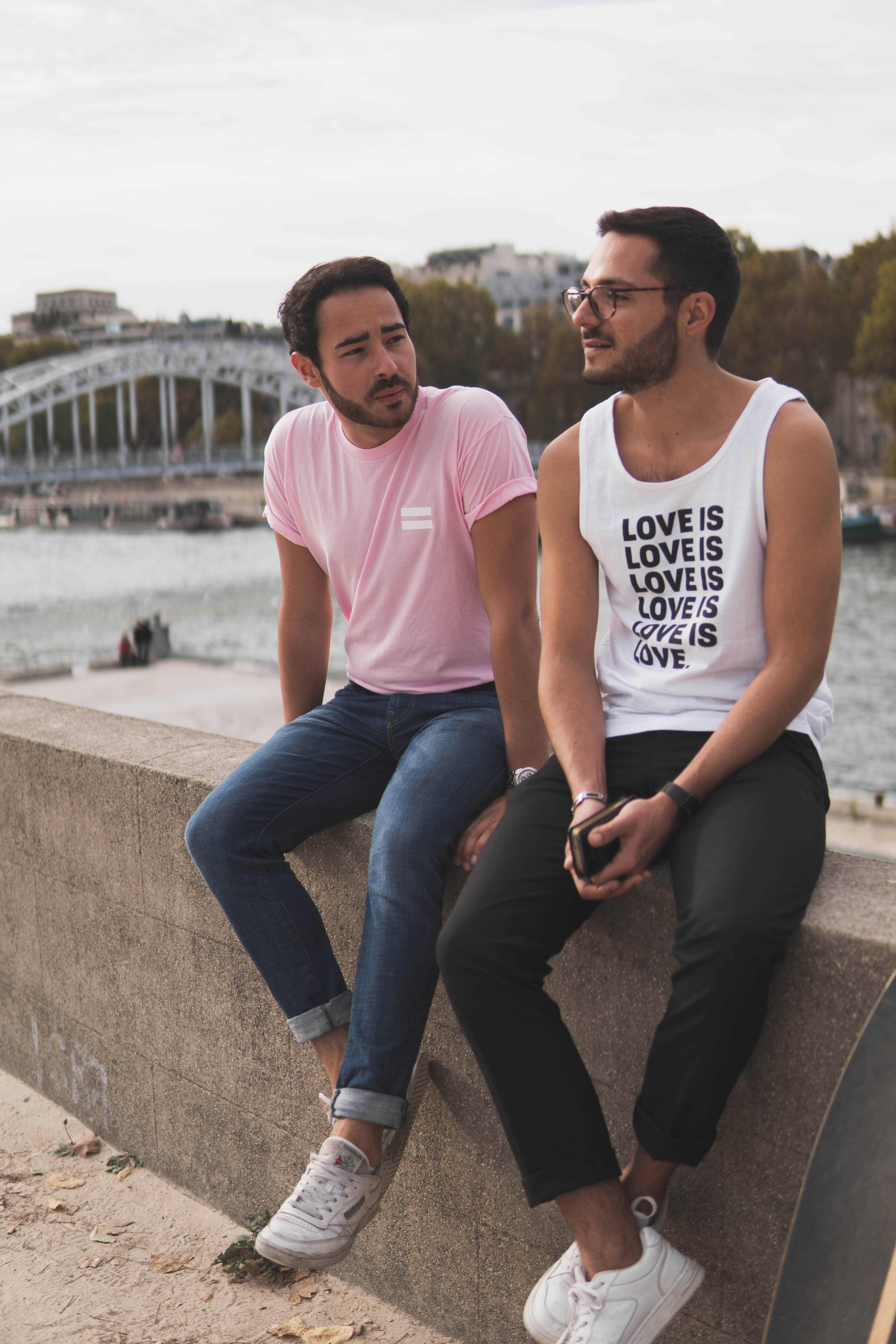 Modern Love, gay men, riverside wall, 5K Phone Wallpaper