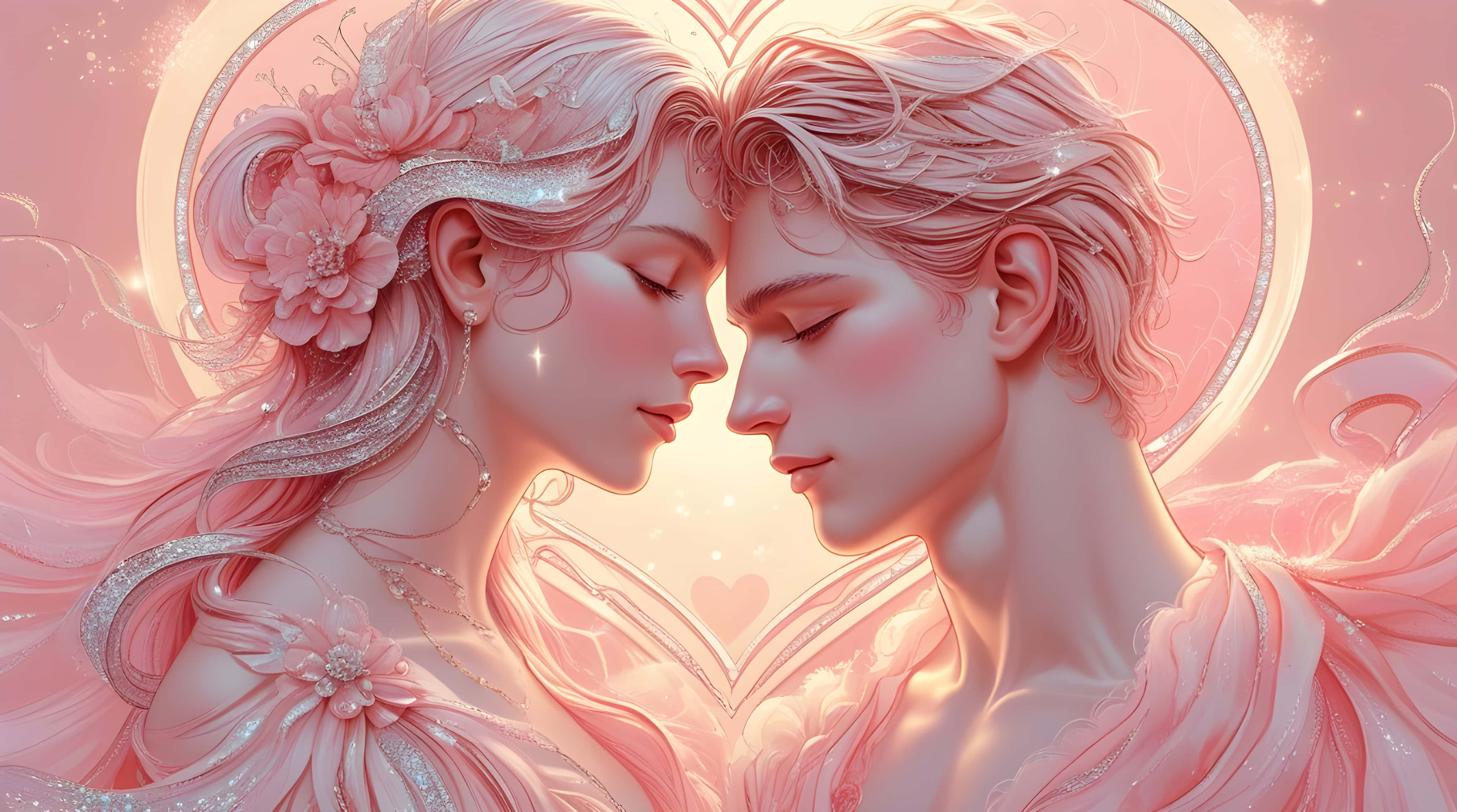 beautiful couple, flowing pink hair, floral adornments, 4K Desktop Wallpaper