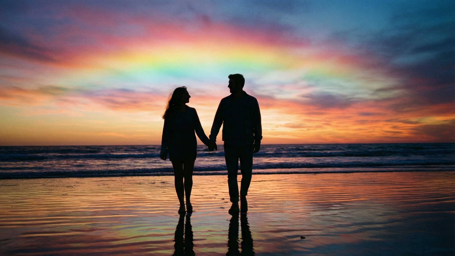 rainbow, sunset, wet beach, Full HD Desktop Wallpaper