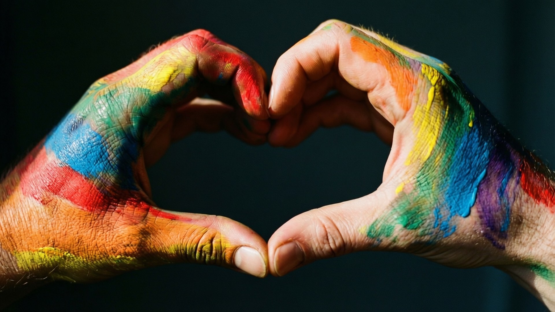 rainbow heart hands, paint-splattered hands, heart, Full HD Desktop Wallpaper