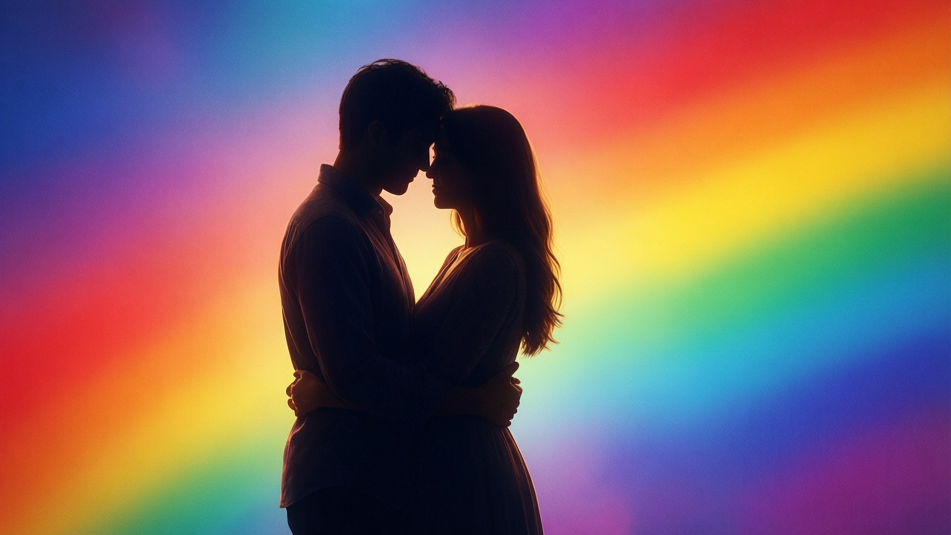 rainbow, silhouetted couple, gradient backdrop, Full HD Desktop Wallpaper